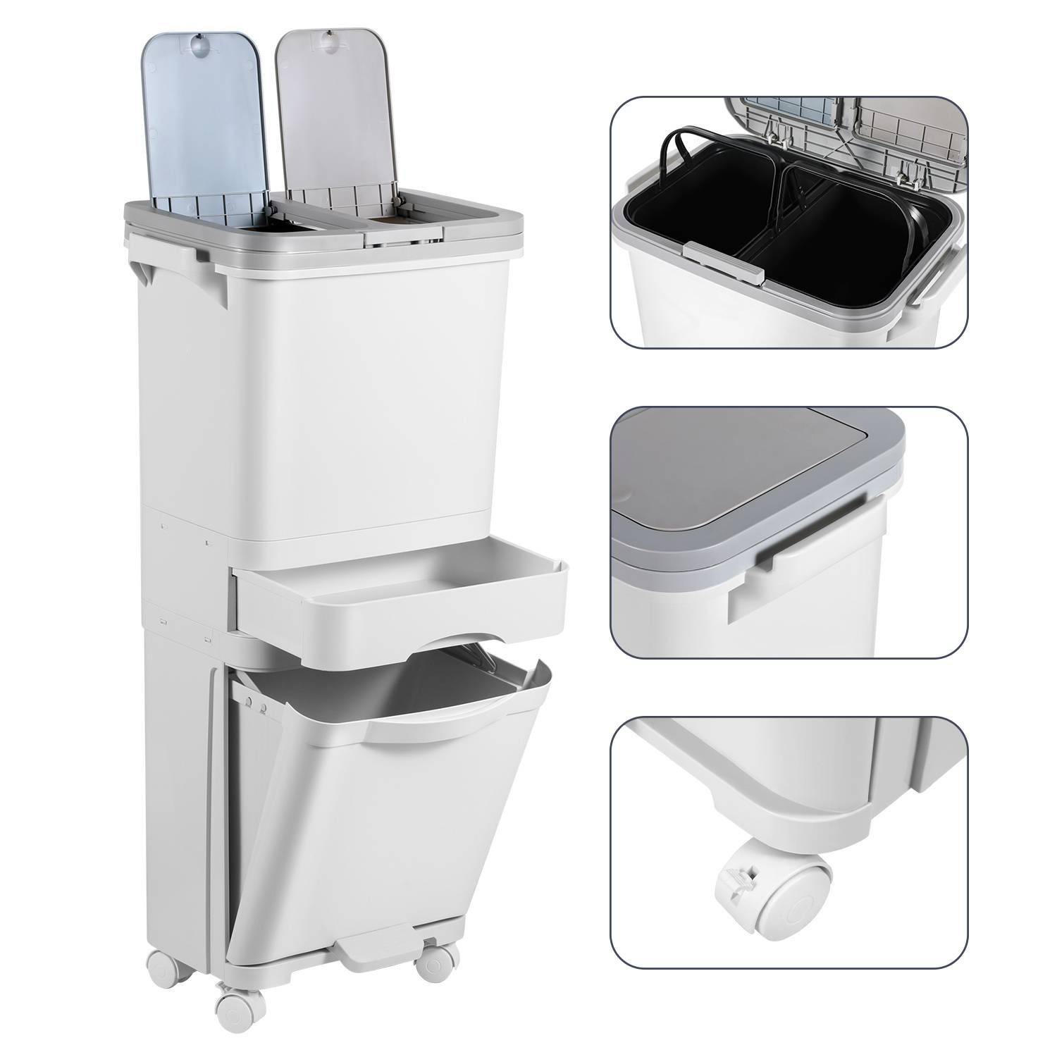 Mülleimer Küche 3-fach Trocken & Feucht Trennsystem Tretmülleimer 42L Mülltrennsystem Abfalleimer