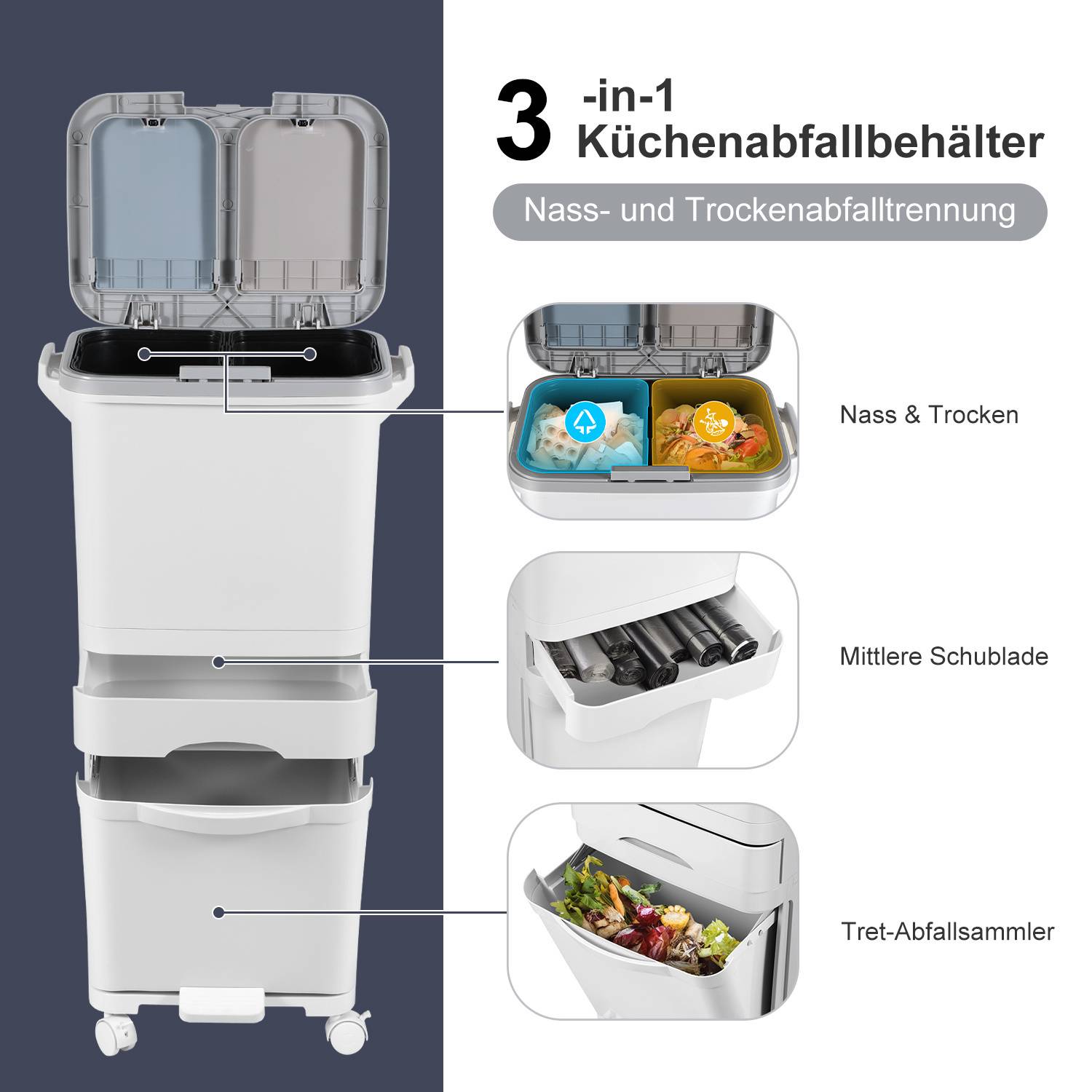 Mülleimer Küche 3-fach Trocken & Feucht Trennsystem Tretmülleimer 42L Mülltrennsystem Abfalleimer