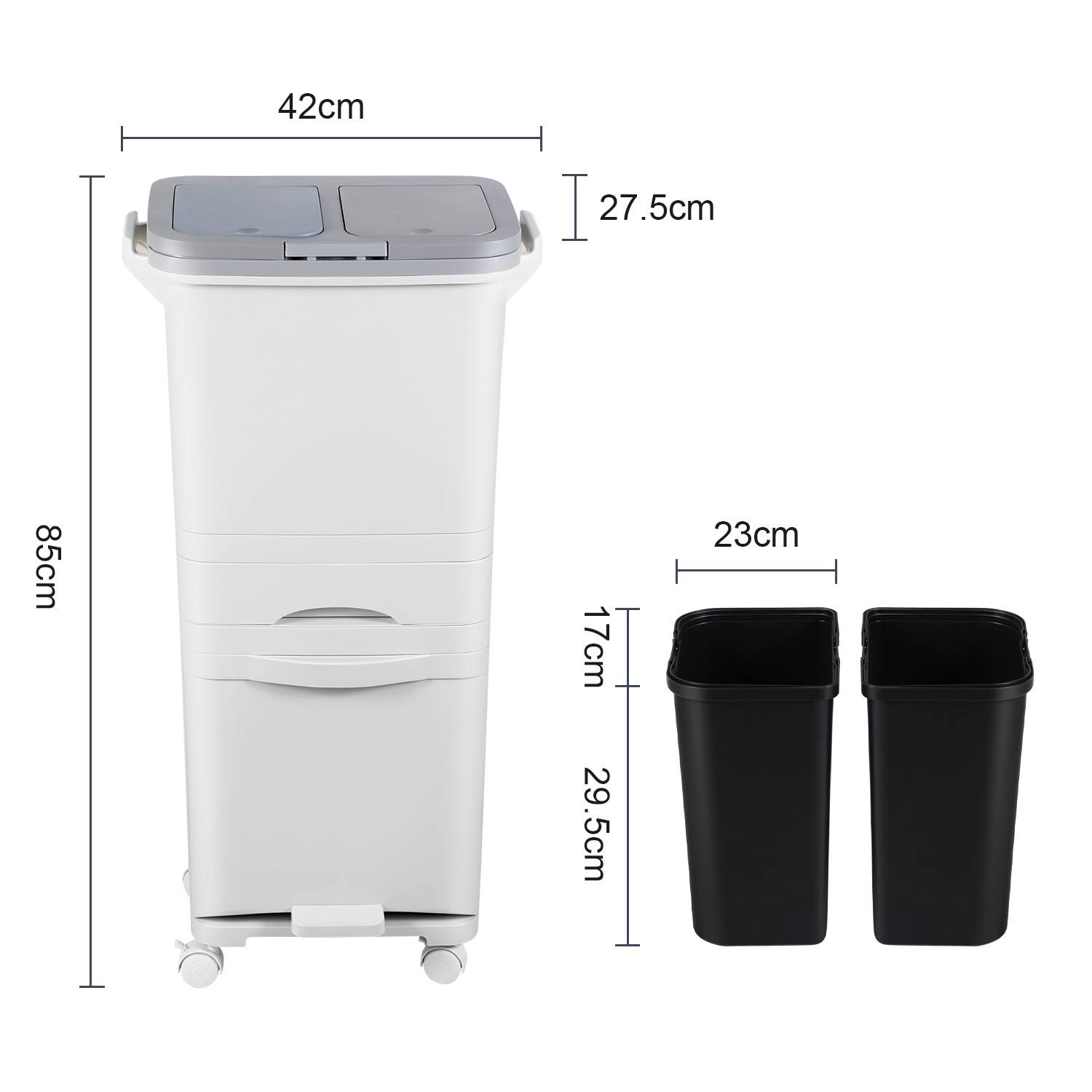 Mülleimer Küche 3-fach Trocken & Feucht Trennsystem Tretmülleimer 42L Mülltrennsystem Abfalleimer
