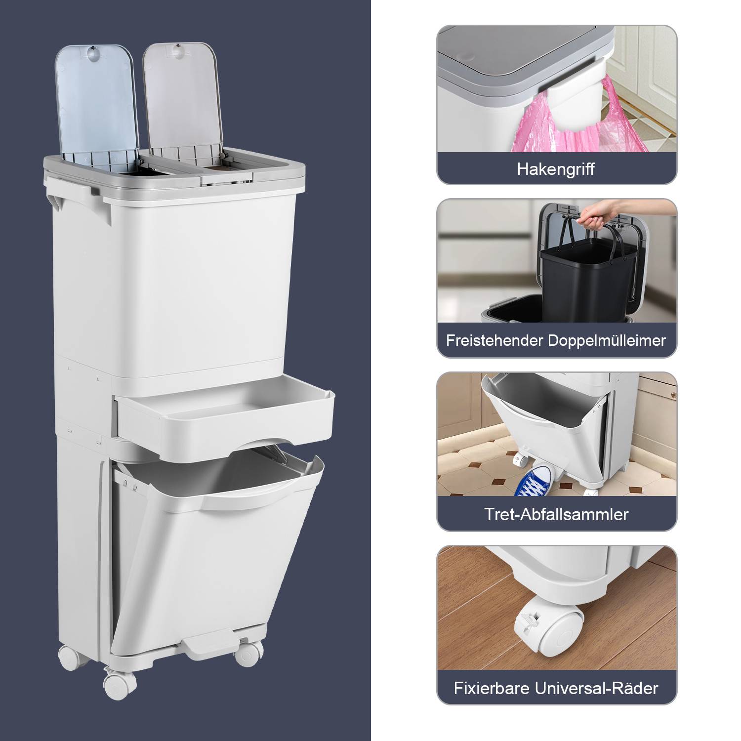 Mülleimer Küche 3-fach Trocken & Feucht Trennsystem Tretmülleimer 42L Mülltrennsystem Abfalleimer