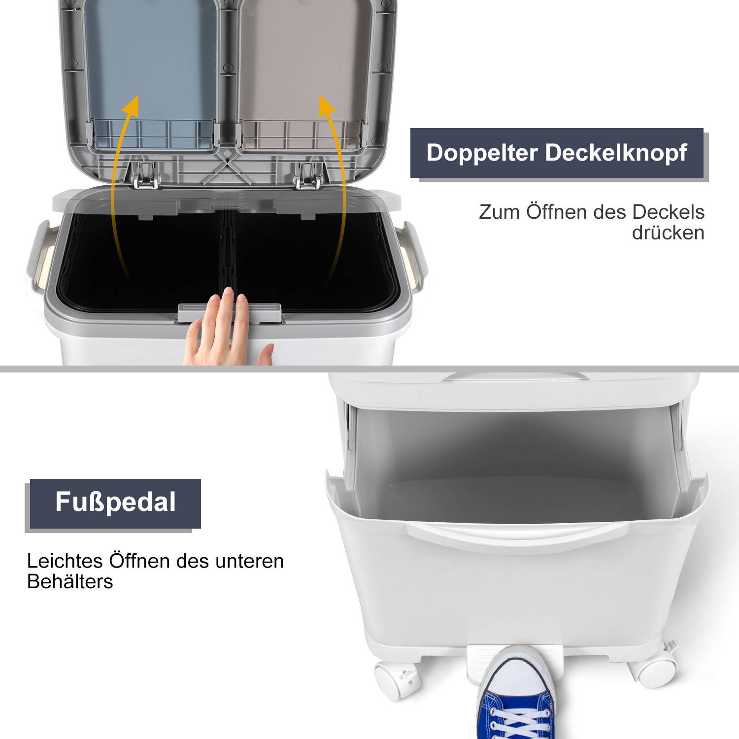 Mülleimer Küche 3-fach Trocken & Feucht Trennsystem Tretmülleimer 42L Mülltrennsystem Abfalleimer