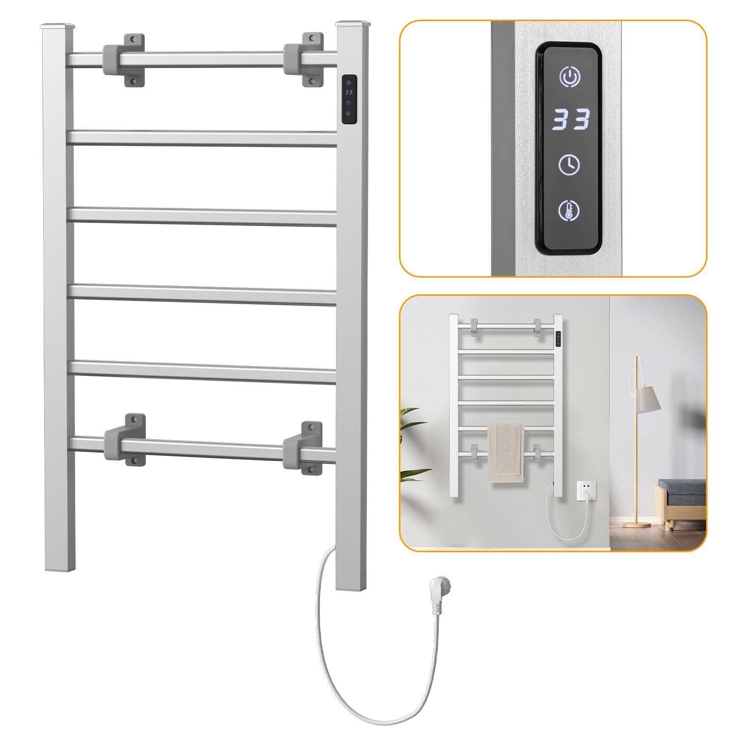 Handtuchtrockner Badheizkörper Elektrisch 860 x 530mm Silber Elektrischer mit Thermostat Timing mit 100W Heizstab für 4 ㎡ Badezimmer