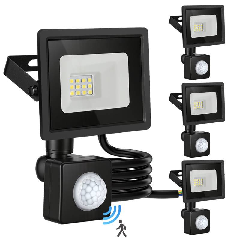 4X 10W LED Strahler mit Bewegungsmelder, 6000K Kaltweiß Außenbeleuchtung Scheinwerfer