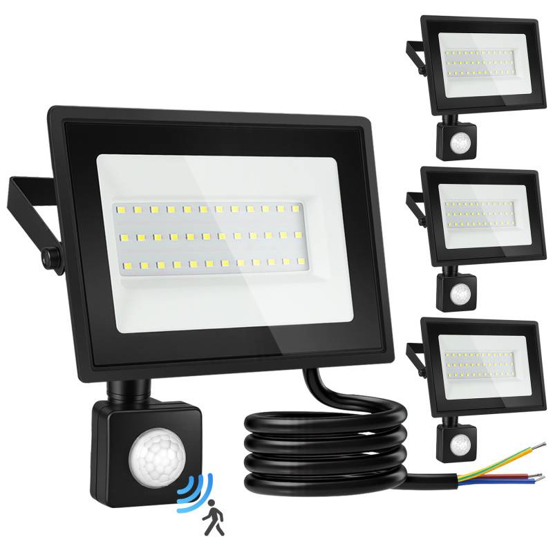 LED Fluter mit Bewegungssensor 4X 50W Außenbeleuchtung Scheinwerfer Strahler Kaltweiß