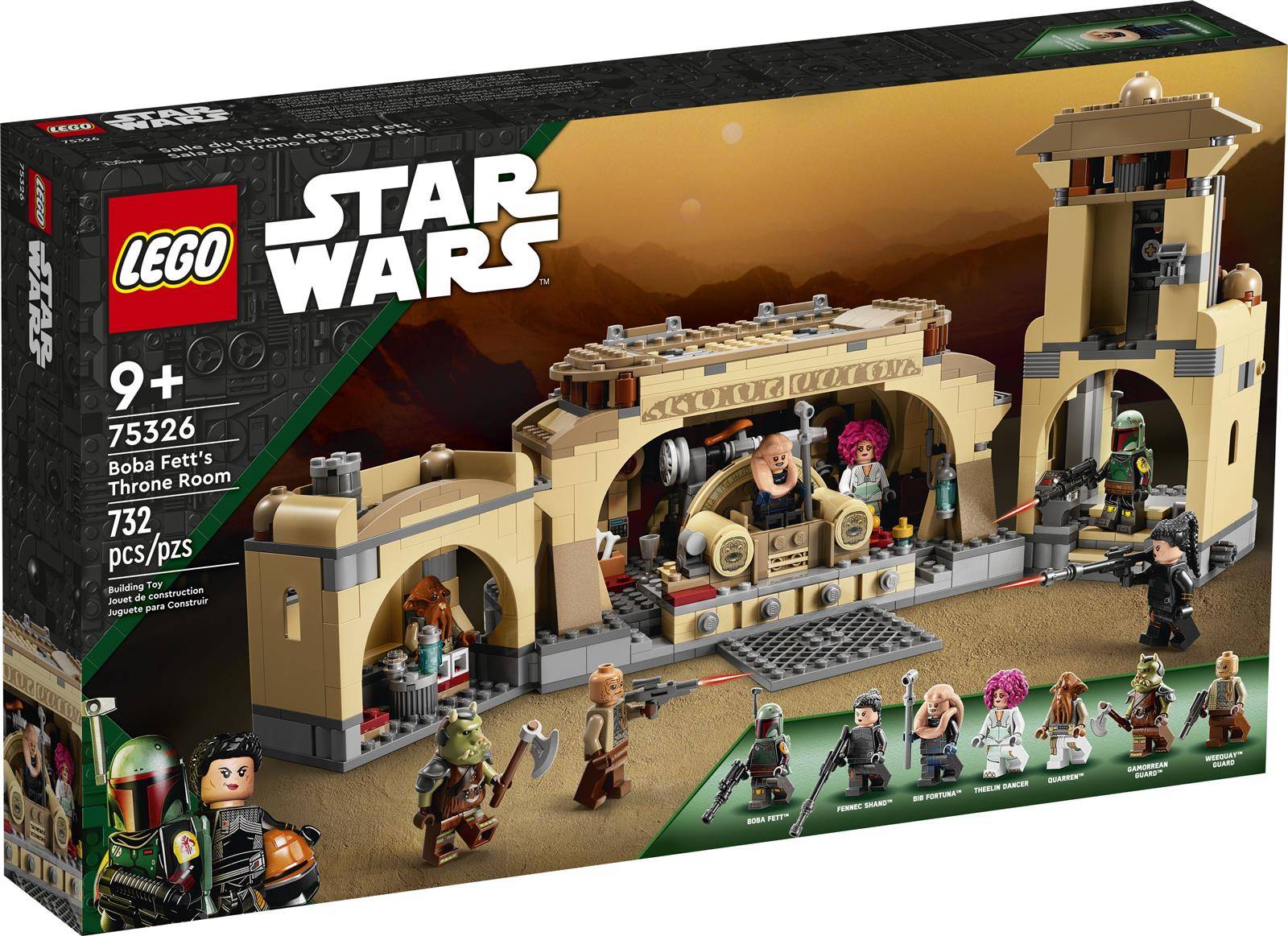 LEGO Star Wars Set, das Jabbas Thronsaal darstellt, mit verschiedenen Minifiguren, einschließlich Jabba the Hutt, Bib Fortuna und anderen.