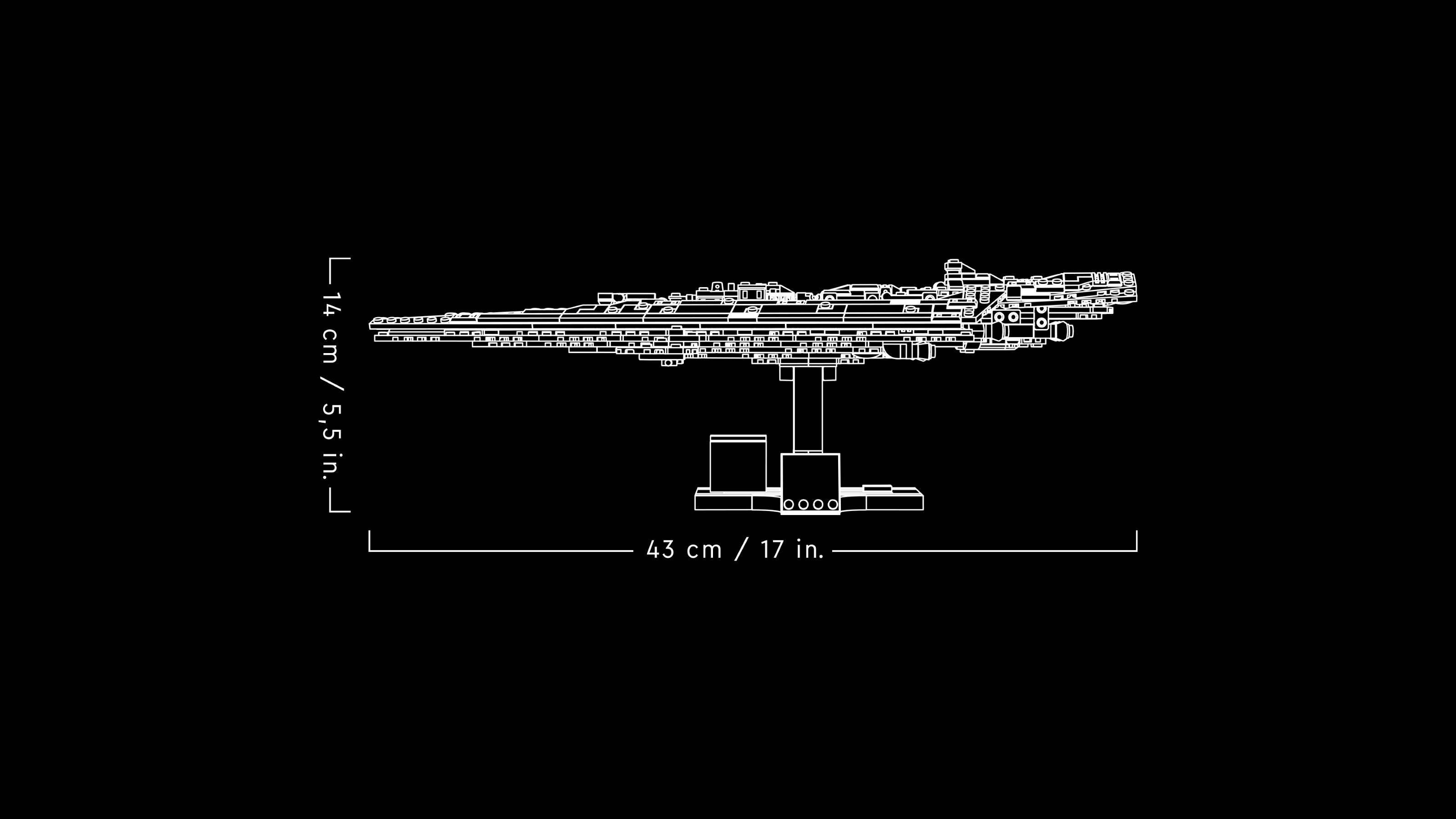 Seitenansicht eines detaillierten Raumschiffmodells auf einem Ständer, 14 cm hoch und 43 cm lang, mit Referenzmessungen in Zoll.