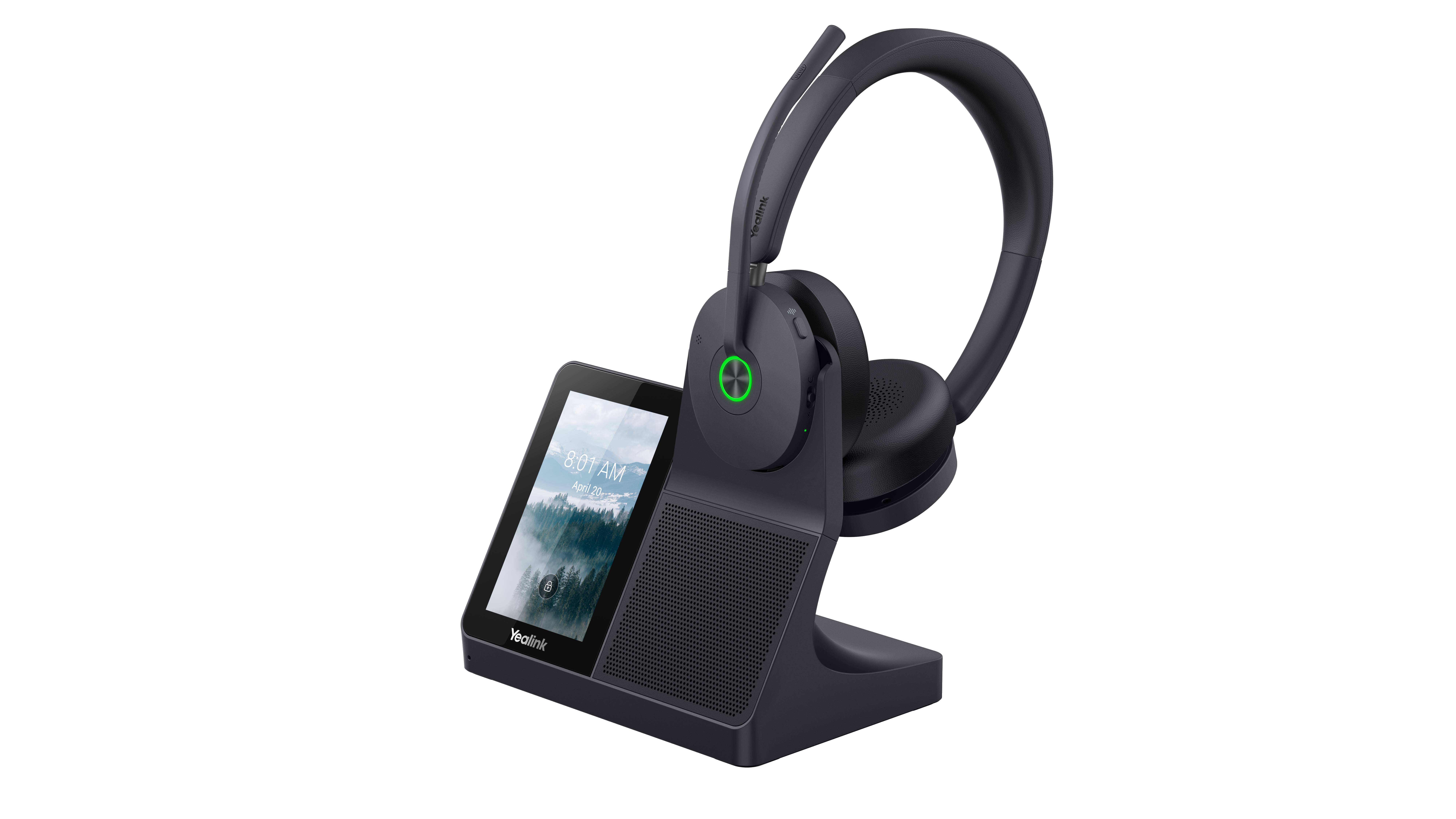 Schwarzes Over-Ear-Funk-Headset auf einer Ladestation mit kleinem eingebauten Display, auf dunklem Hintergrund gezeigt.