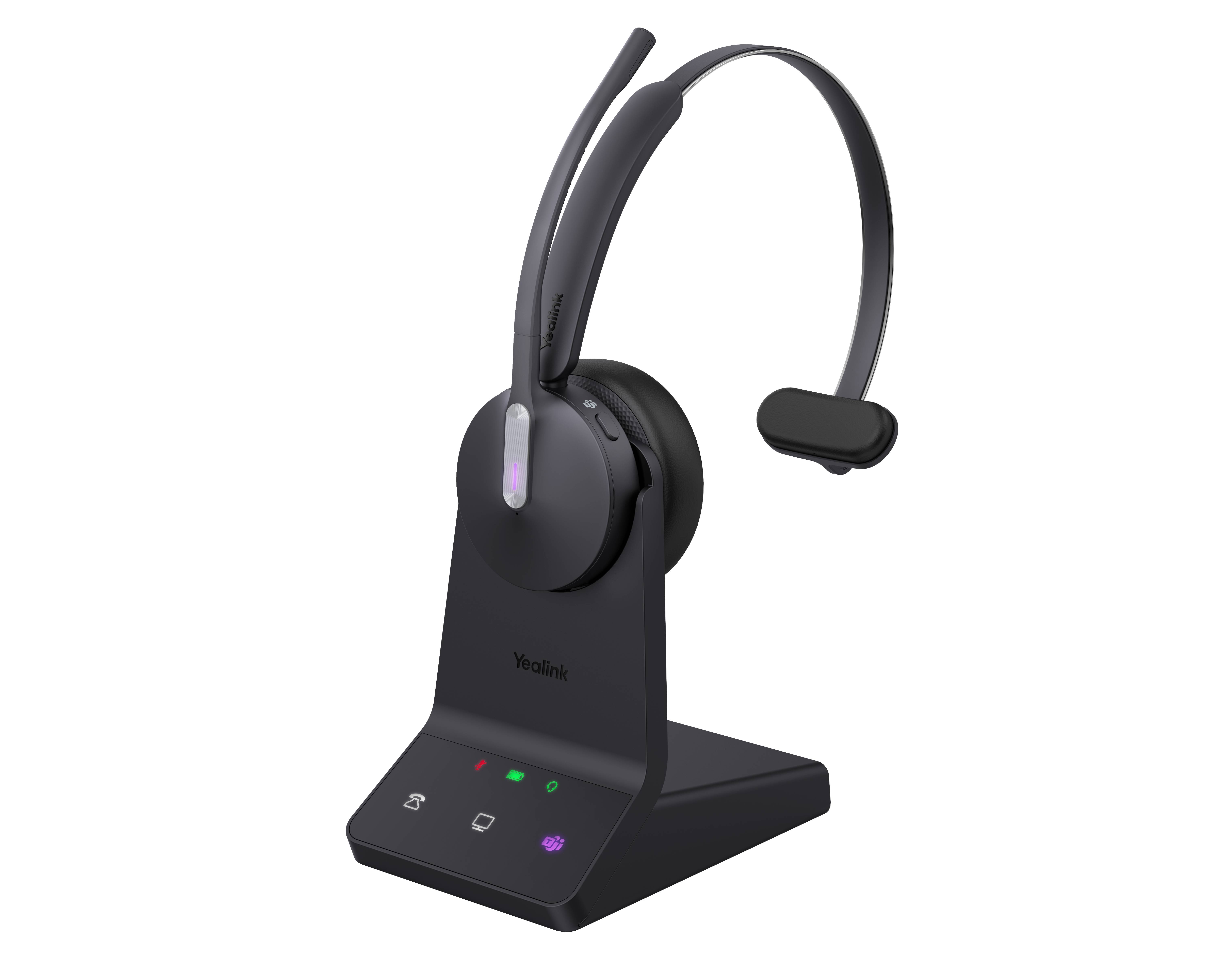 Schwarzes kabelloses Headset auf einer Ladestation mit leuchtenden Statusanzeigen und Bedienelementen auf der Basis
