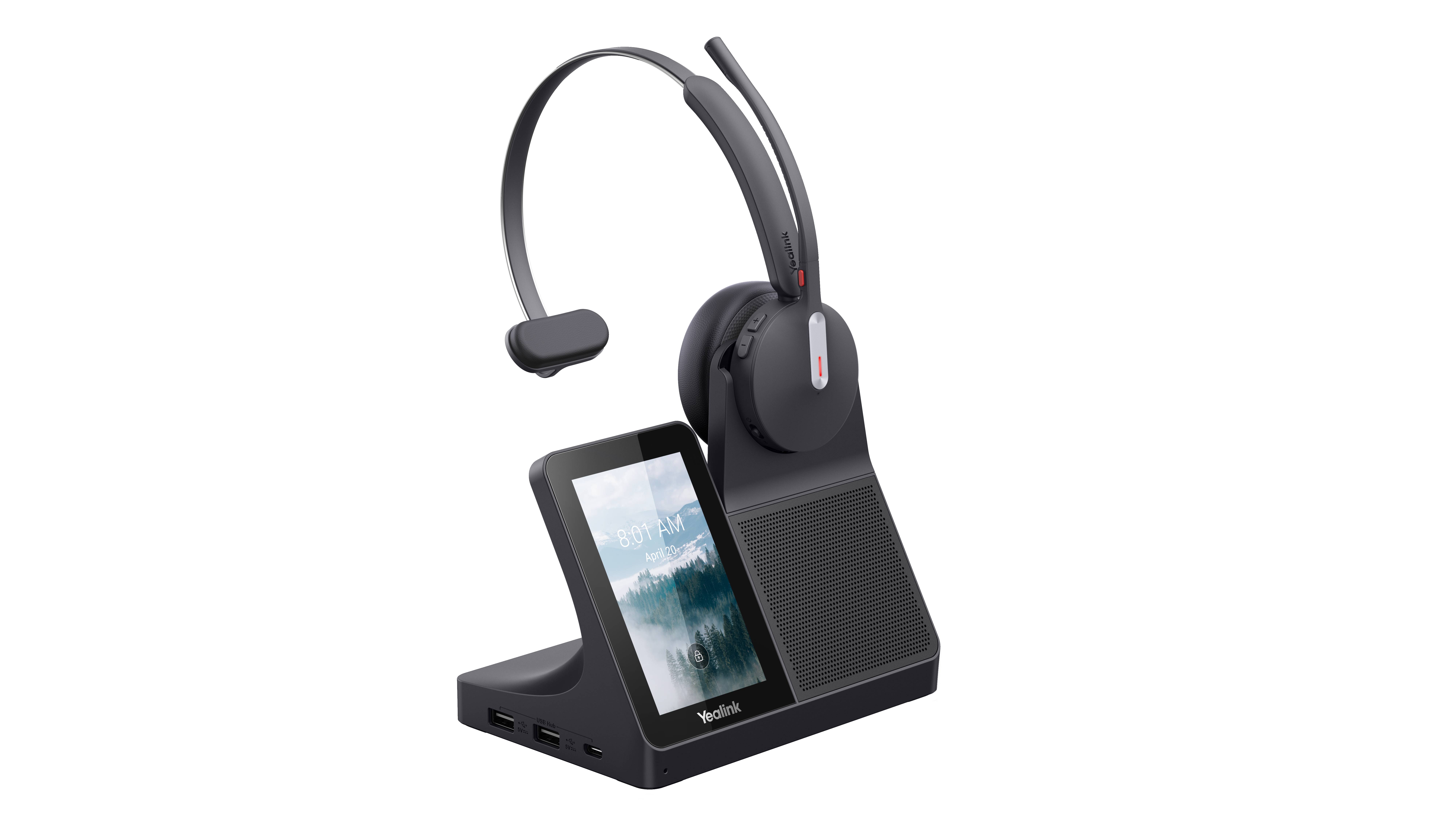 Schwarzes kabelloses Headset auf einer Ladestation mit integrierter Handyhalterung mit angezeigtem Bildschirm.