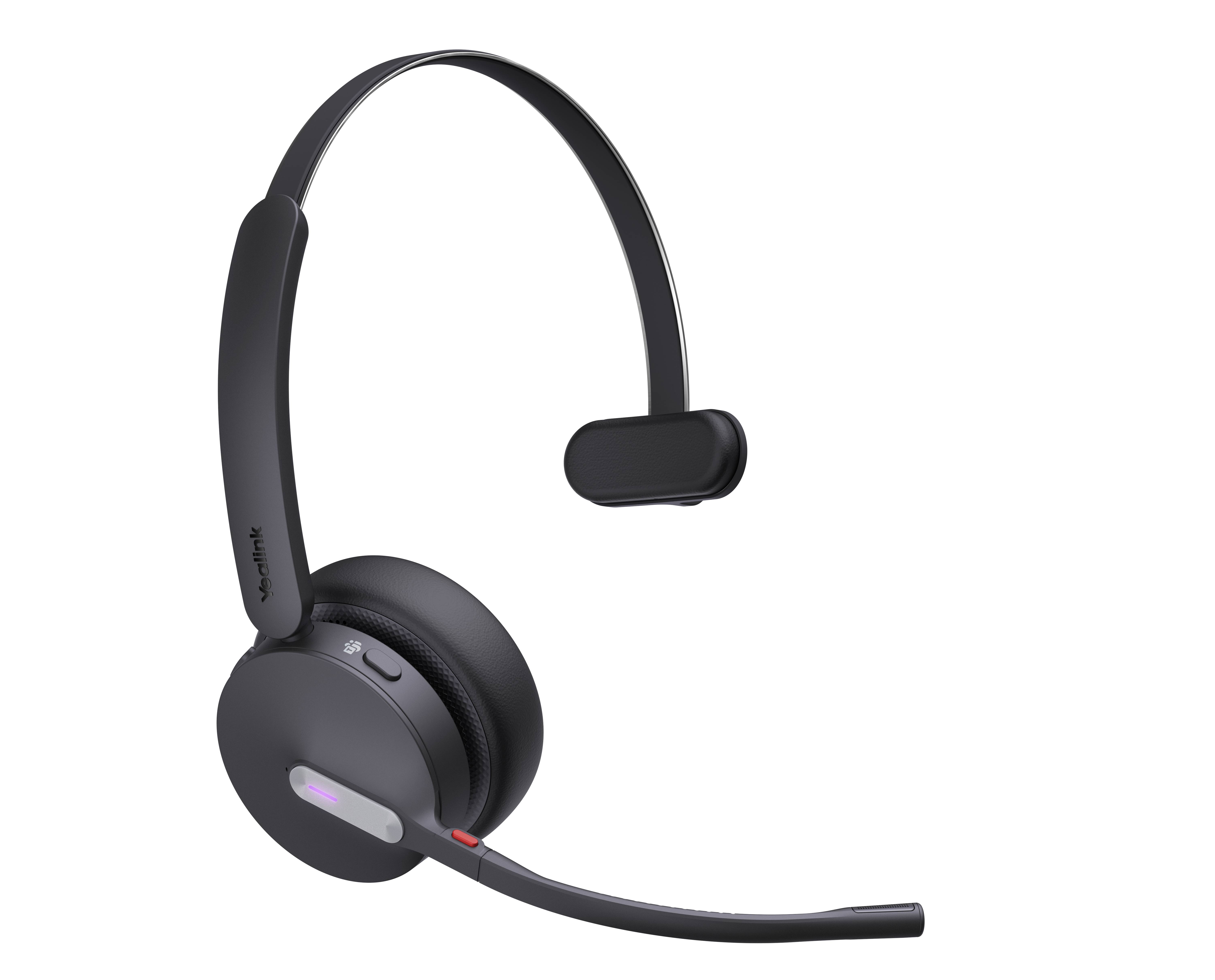Schwarzes Over-Ear-Headset mit Boom-Mikrofon auf einfachem schwarzem Hintergrund, in Profilansicht dargestellt.