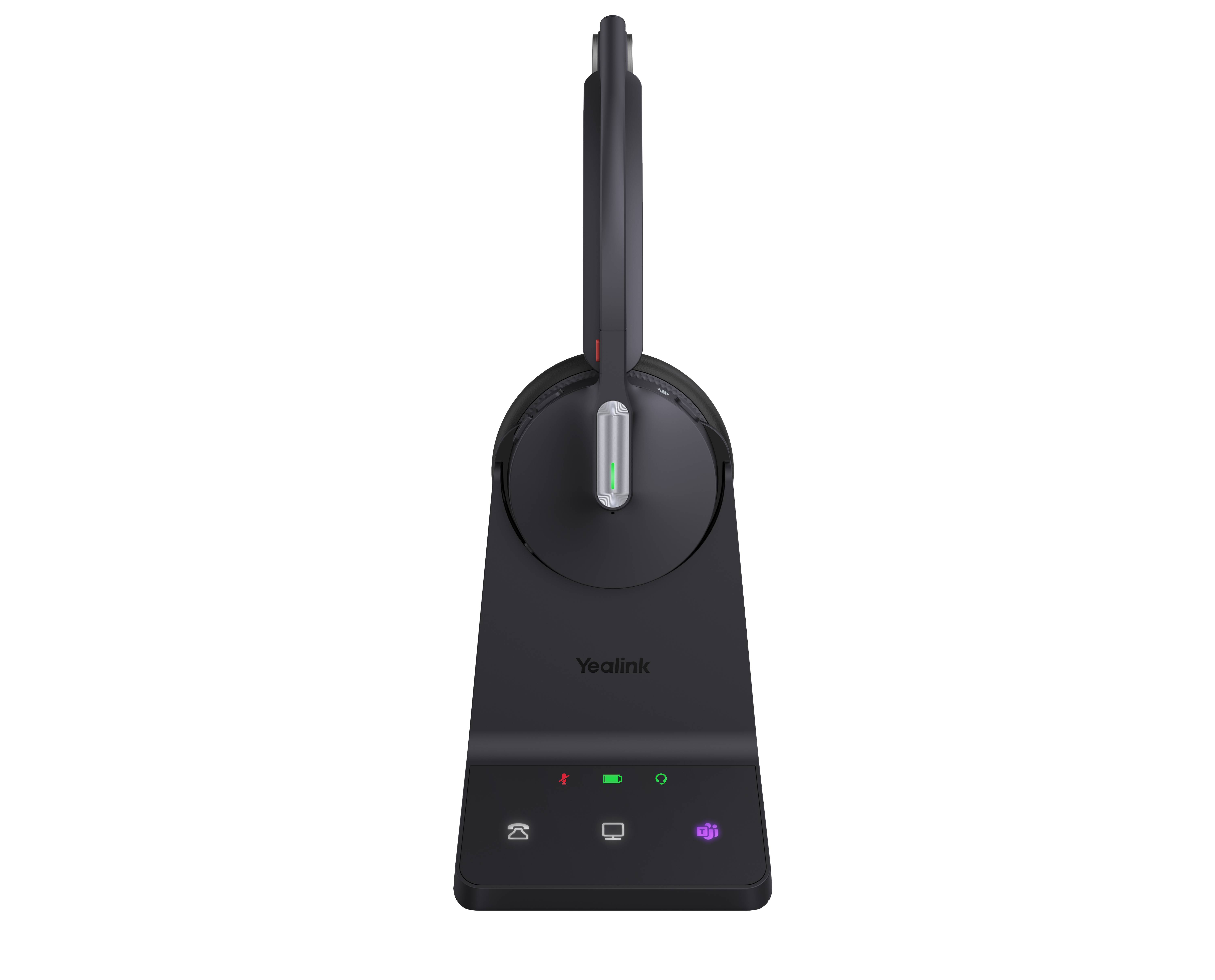 Schwarzes Yealink-Over-Ear-Headset auf einer Ladestation, Vorderansicht mit sichtbaren Statusleuchten und Steuersymbolen.