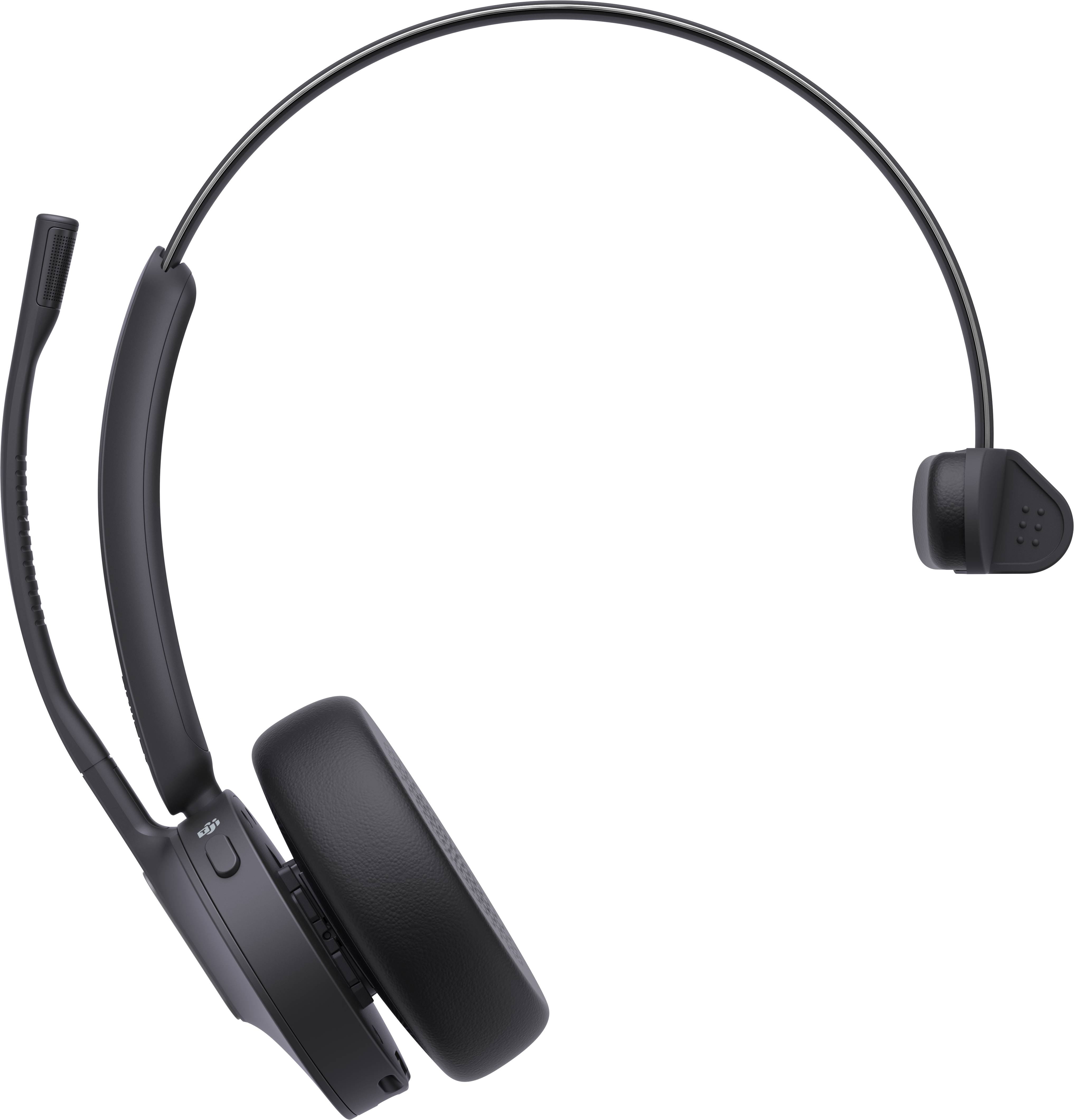 Schwarzes Over-Ear-Wireless-Headset mit Boom-Mikrofon auf einfachem schwarzem Hintergrund.