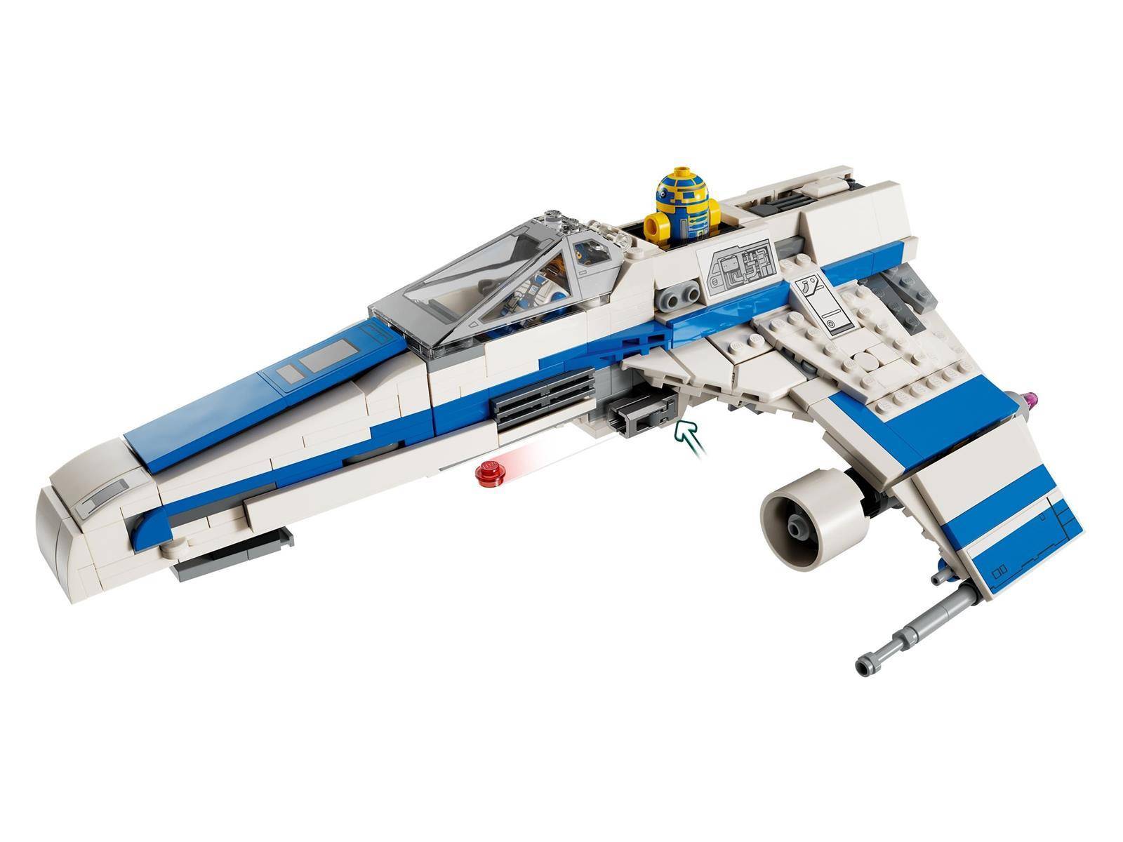Blau-weiße LEGO-ähnliche Raumjäger-Spielzeug auf weißem Hintergrund dargestellt, mit einer Cockpithaube und einer Minifigur, die oben sitzt.
