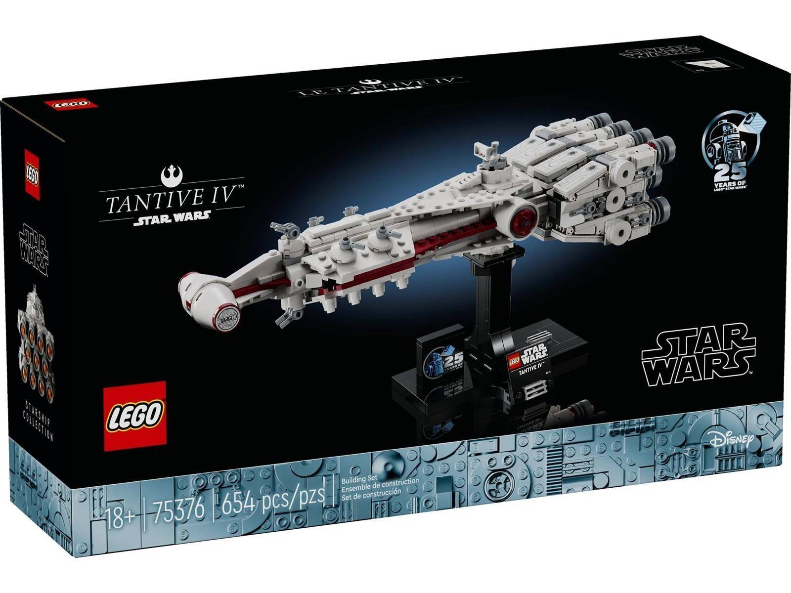 LEGO Star Wars Tantive IV 25-Jahres-Jubiläum-Set Box zeigt das Schiff auf einem Ausstellungsständer, gekennzeichnet 18+, 75376, 654 Teile.