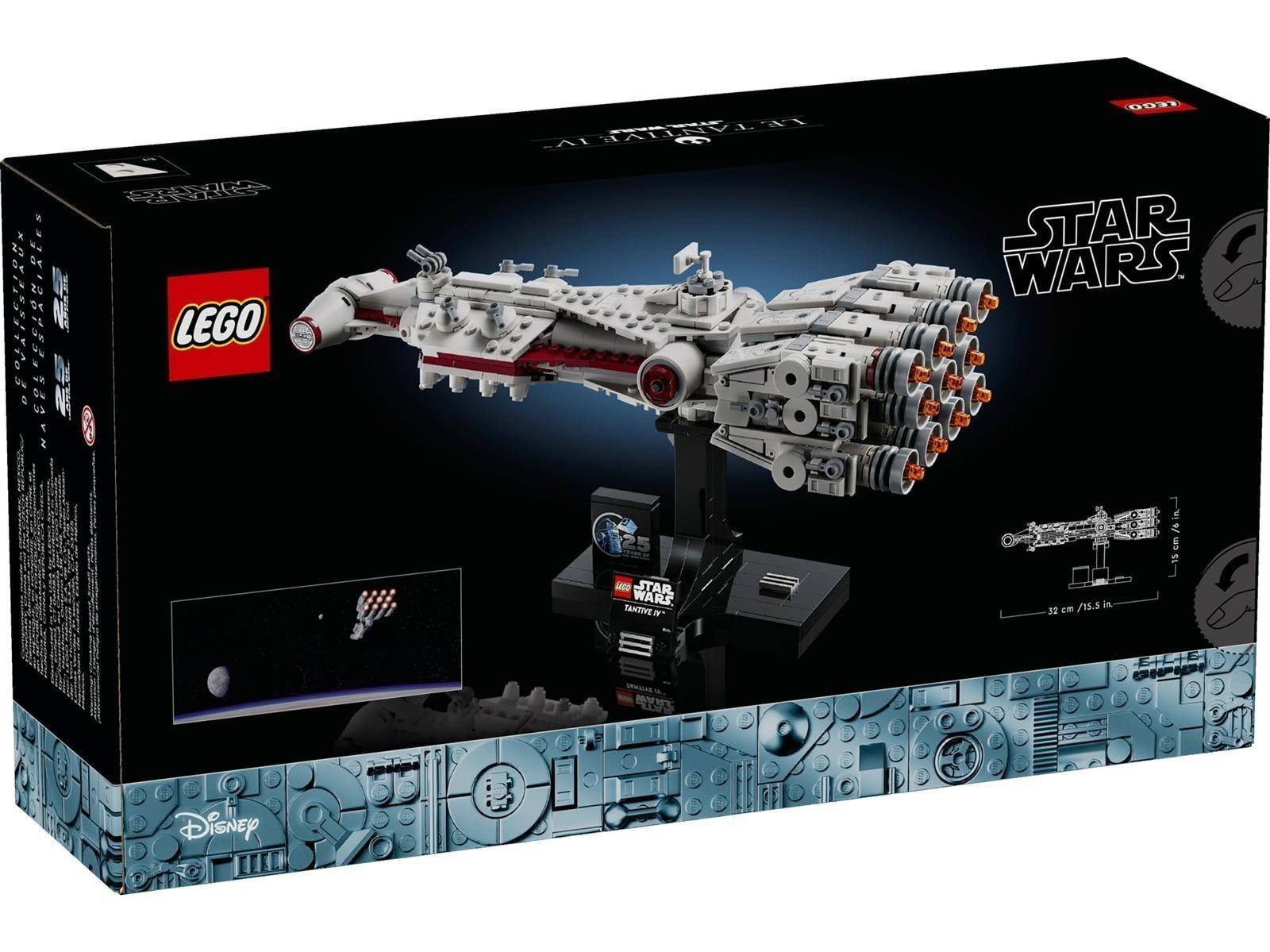 LEGO Star Wars UCS Millennium Falcon Setkasten zeigt ein detailliertes Modell auf einem Displayständer vor schwarzem Hintergrund.