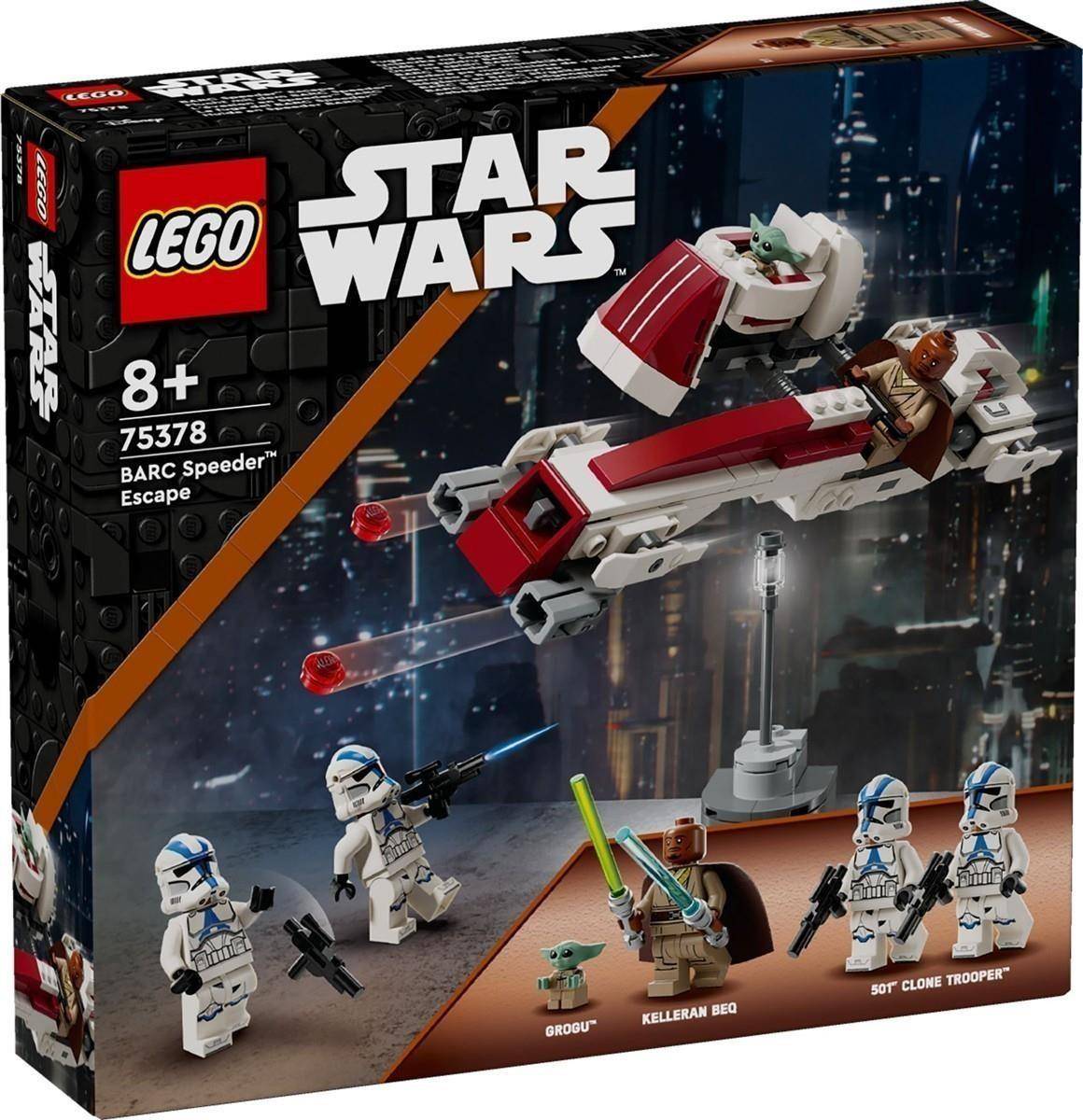 LEGO Star Wars BARC Speeder Flucht Set-Box zeigt eine Speeder-Verfolgung mit Grogu, Kelleran Beq und Klontruppenlern; ab 8 Jahren, Set 75378.