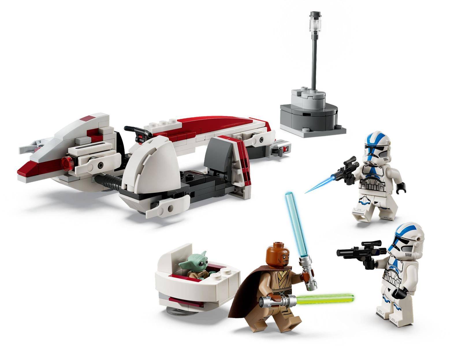 LEGO Star Wars Szenerie mit einem weiß-roten Republik-Gunship, kleinem Landeplatz und drei Klontruppern, die gegen einen Jedi und einen kleinen grünen Außerirdischen kämpfen.