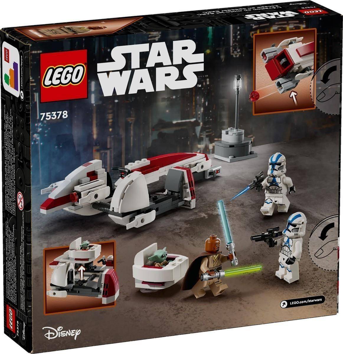 LEGO Star Wars Schachteln-Cover für Set 75378, zeigt ein baubares Speeder-Fahrzeug und Jedi mit Klonkriegern, plus kleine Montage-Detailbilder.