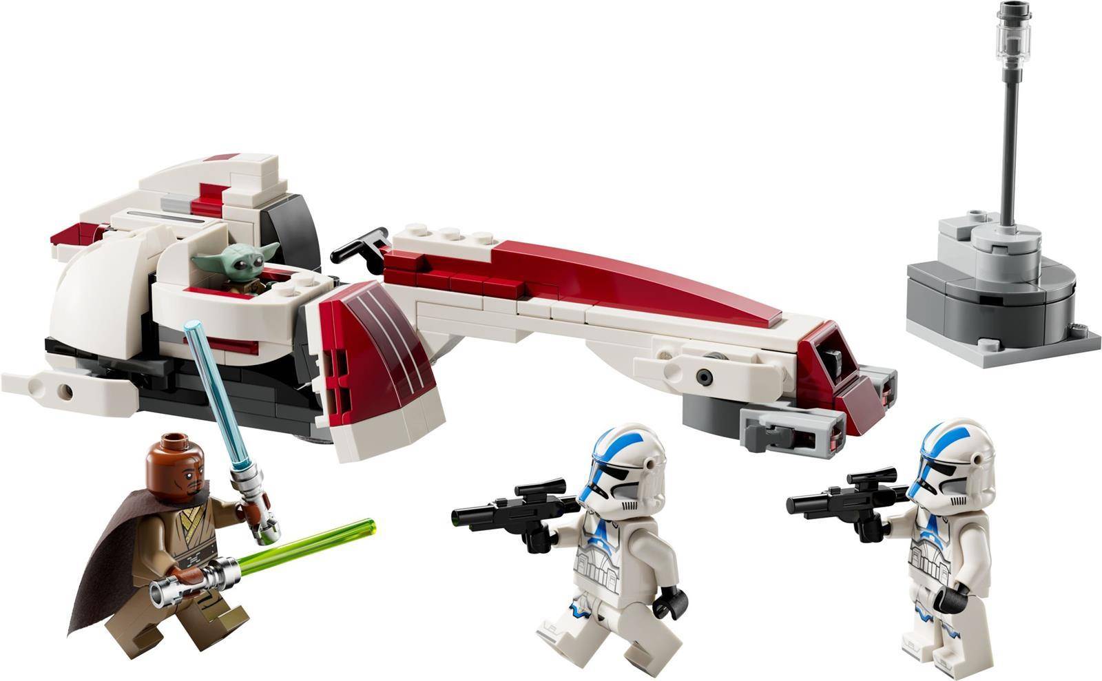 LEGO Star Wars Szenario mit einem rot-weißen Republik-Kanonenboot und vier Minifiguren: Jedi mit blauen und grünen Laserschwertern und zwei Klonentruppen mit Blastern.