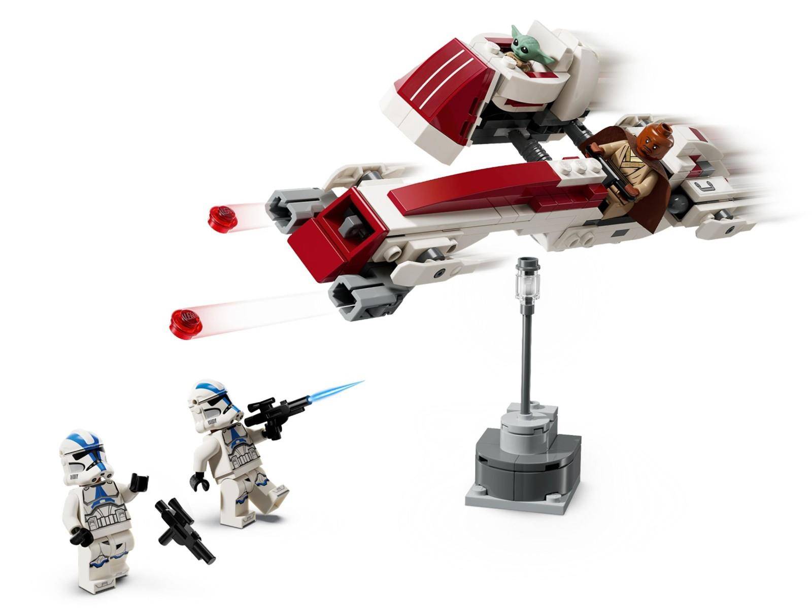 LEGO Star Wars Szene mit einem rot-weißen Republik-Gunship auf einem Ständer, das über zwei Klonentruppen mit Blastern schwebt.