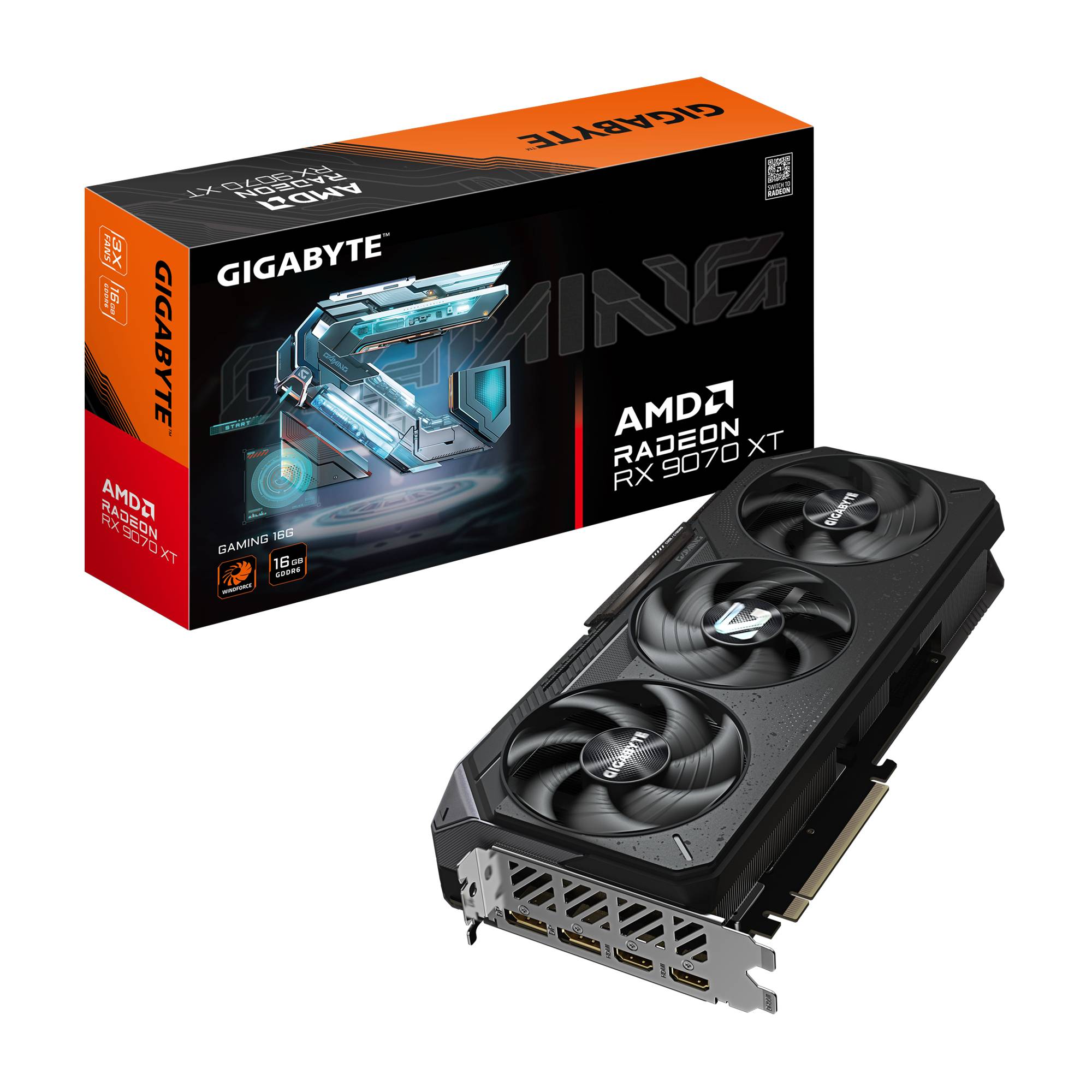 Gigabyte AMD Radeon RX 5070 XT Grafikkarte und Verpackung. Schwarze Karte mit drei Lüftern, abgewinkelter Metallverkleidung und mehreren Ausgabeanschlüssen.