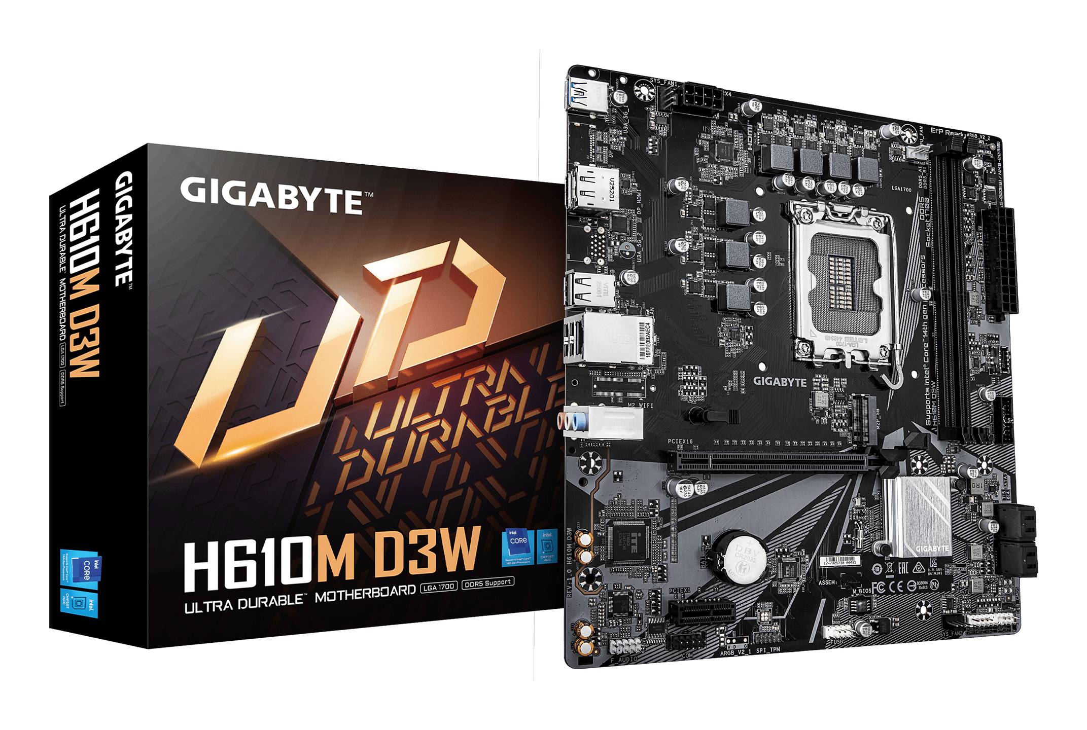 GIGABYTE H610M D3W-Motherboard neben seiner Einzelhandelverpackung dargestellt, wobei der Intel H610-Chipsatz und das Ultra Durable-Design hervorgehoben werden.