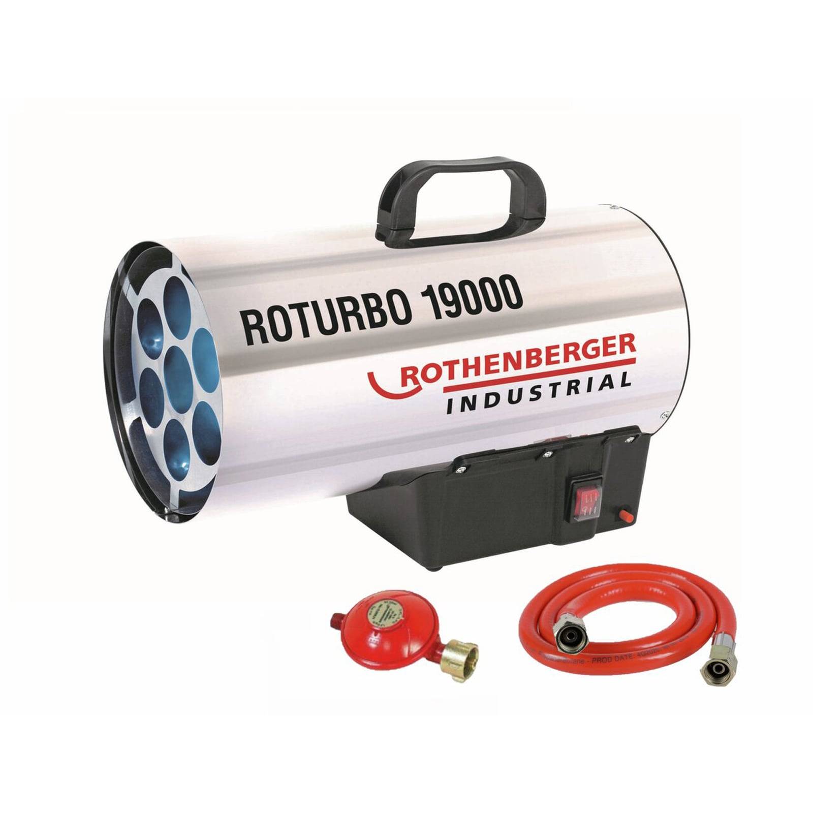 Rothenberger Industrial Roturbo 19000' Gasheizgerät mit Griff und sichtbaren vorderen Lüftungsschlitzen. Inklusive rotem Gaschlauch und Druckregler.