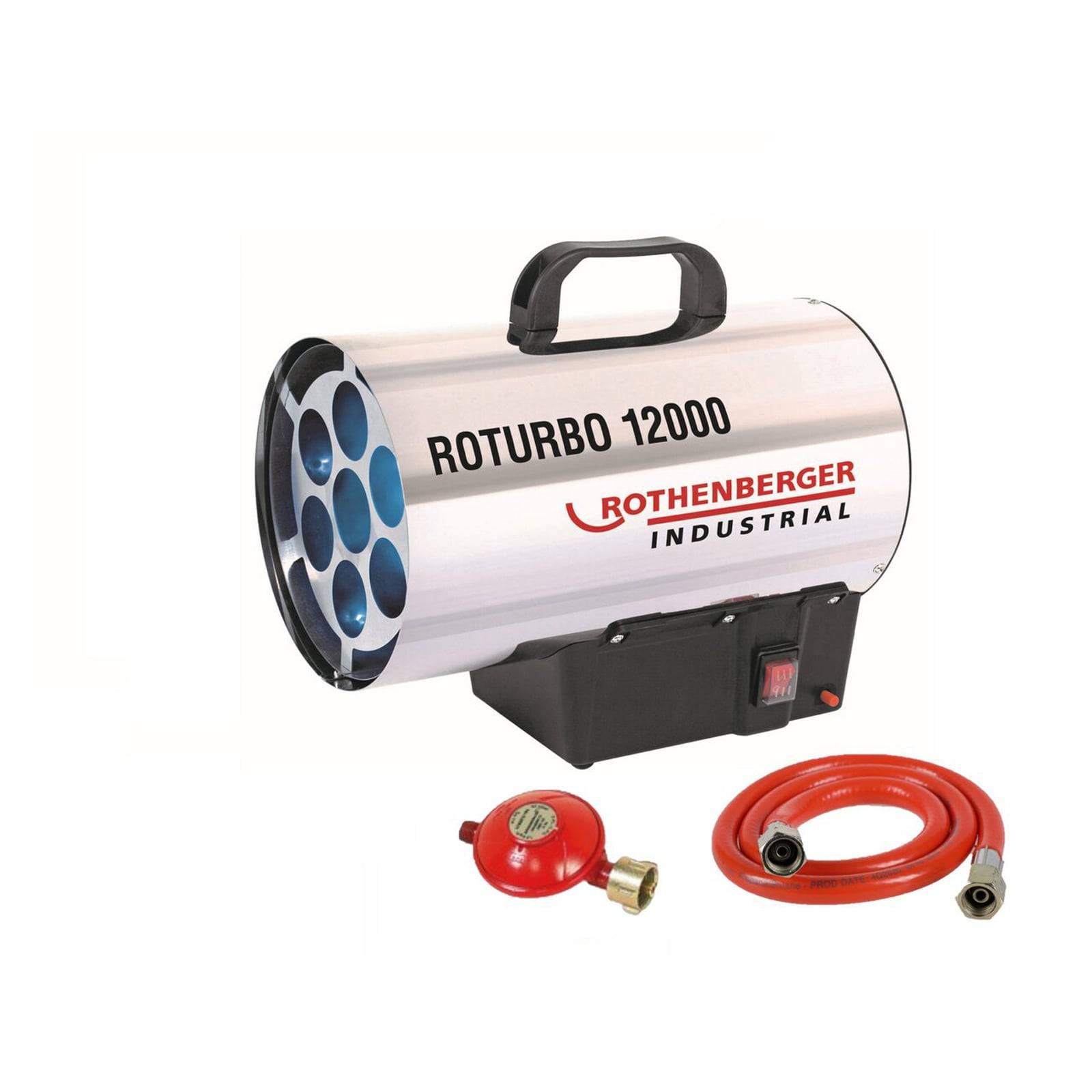 ROTHENBERGER Industrial Roturbo 12000 Gasheizer mit silbernem zylindrischen Körper, Griff oben und angeschlossenem roten Schlauch mit Düse.