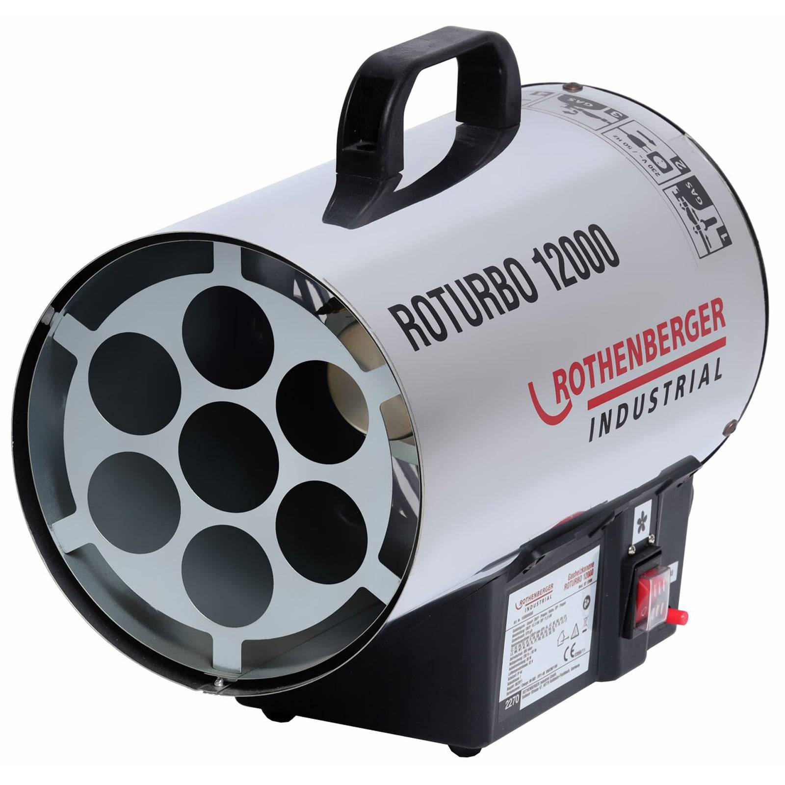 Rothenberger Industrial Roturbo 12000 Gasheizgerät mit Metallgehäuse, schwarzem Griff und sichtbarem Kontrollpanel mit Schalter.