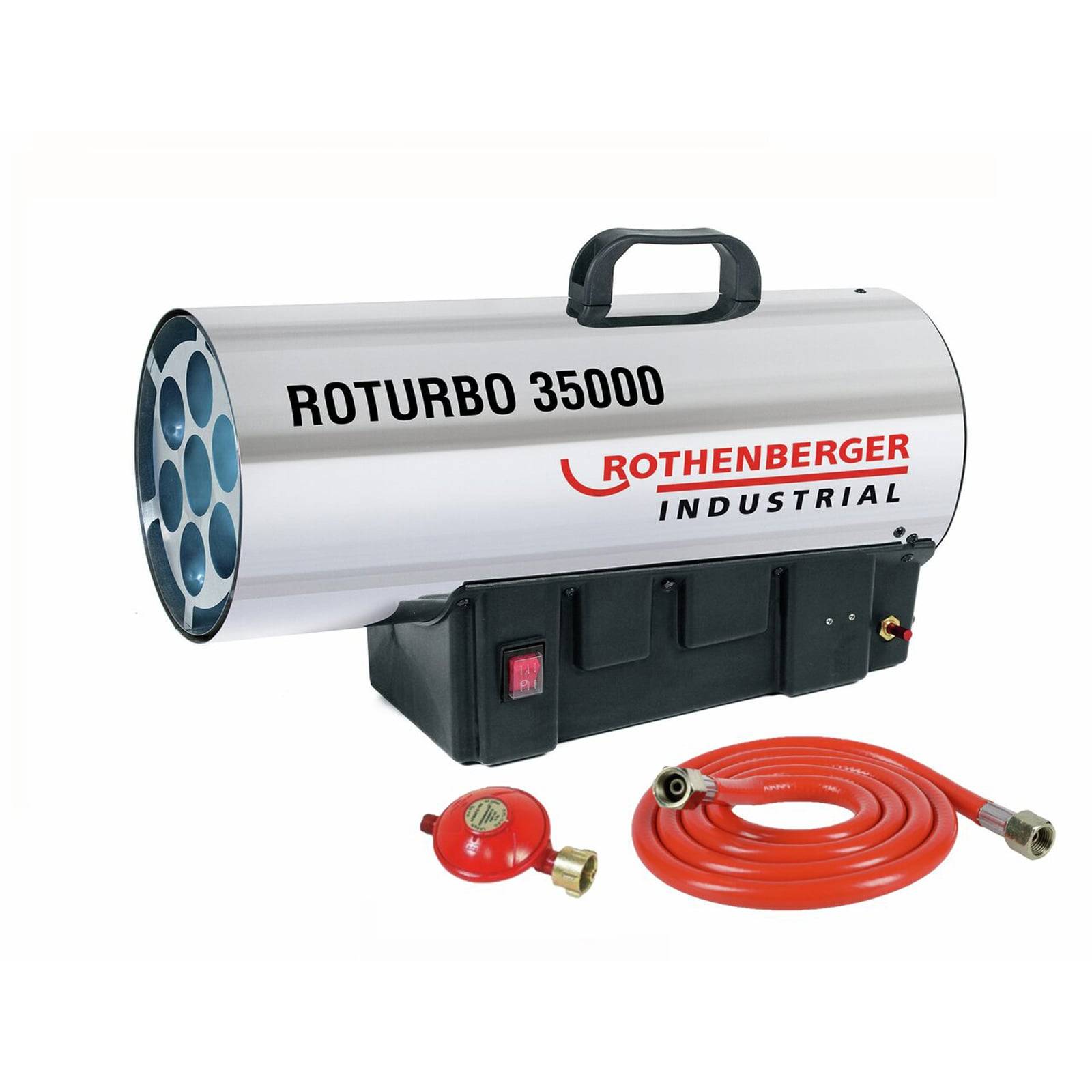 Silberner Industrieheizer mit der Bezeichnung 'ROTURBO 35000', ausgestattet mit schwarzem Sockel, Griff, rotem Schlauch und rotem Regler, konzipiert für Einsätze mit hoher Belastung.