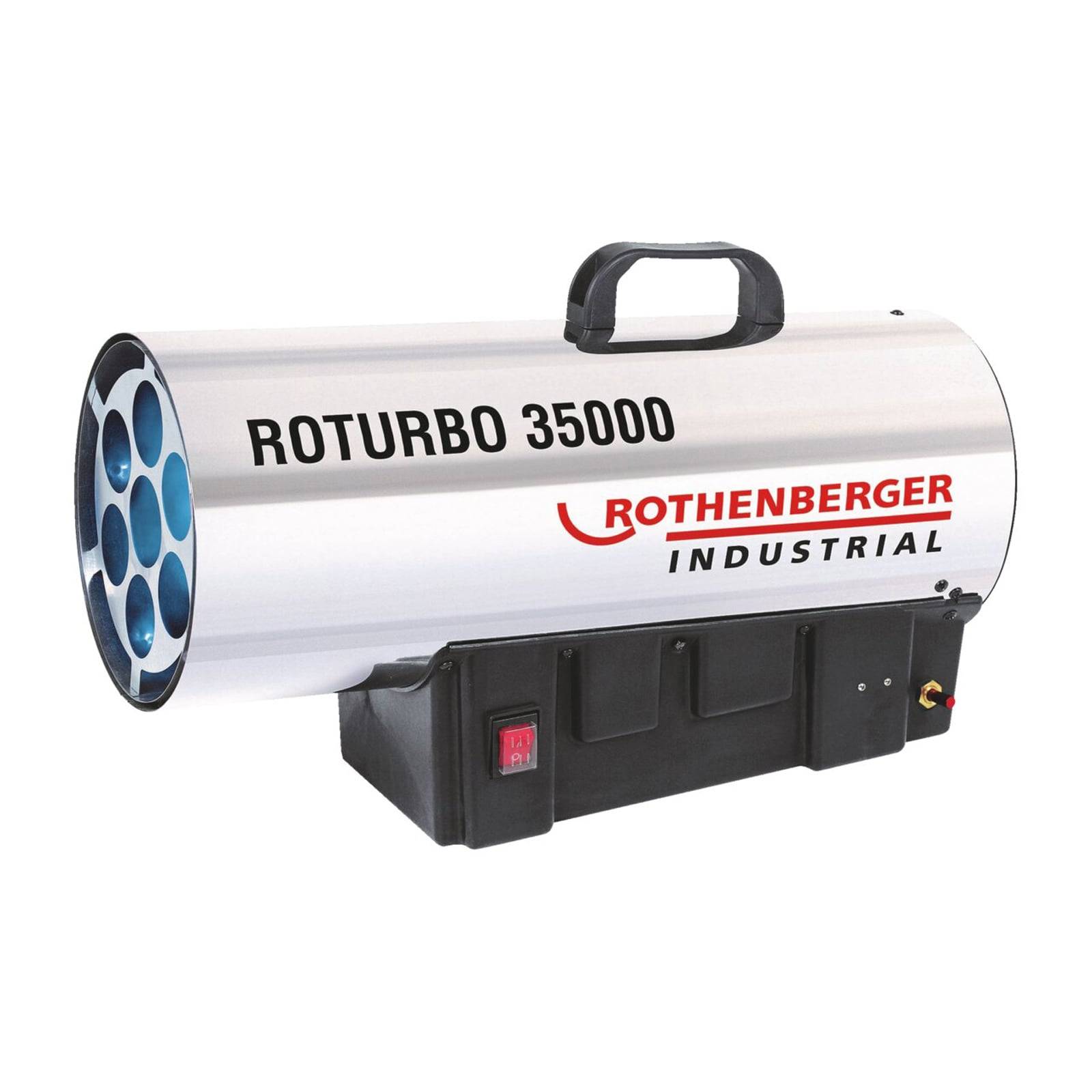 Tragbarer Industrieheizlüfter des Typs 'ROTURBO 35000' mit Griff und Bedienungsschalter, konzipiert für die Beheizung großer Räume.