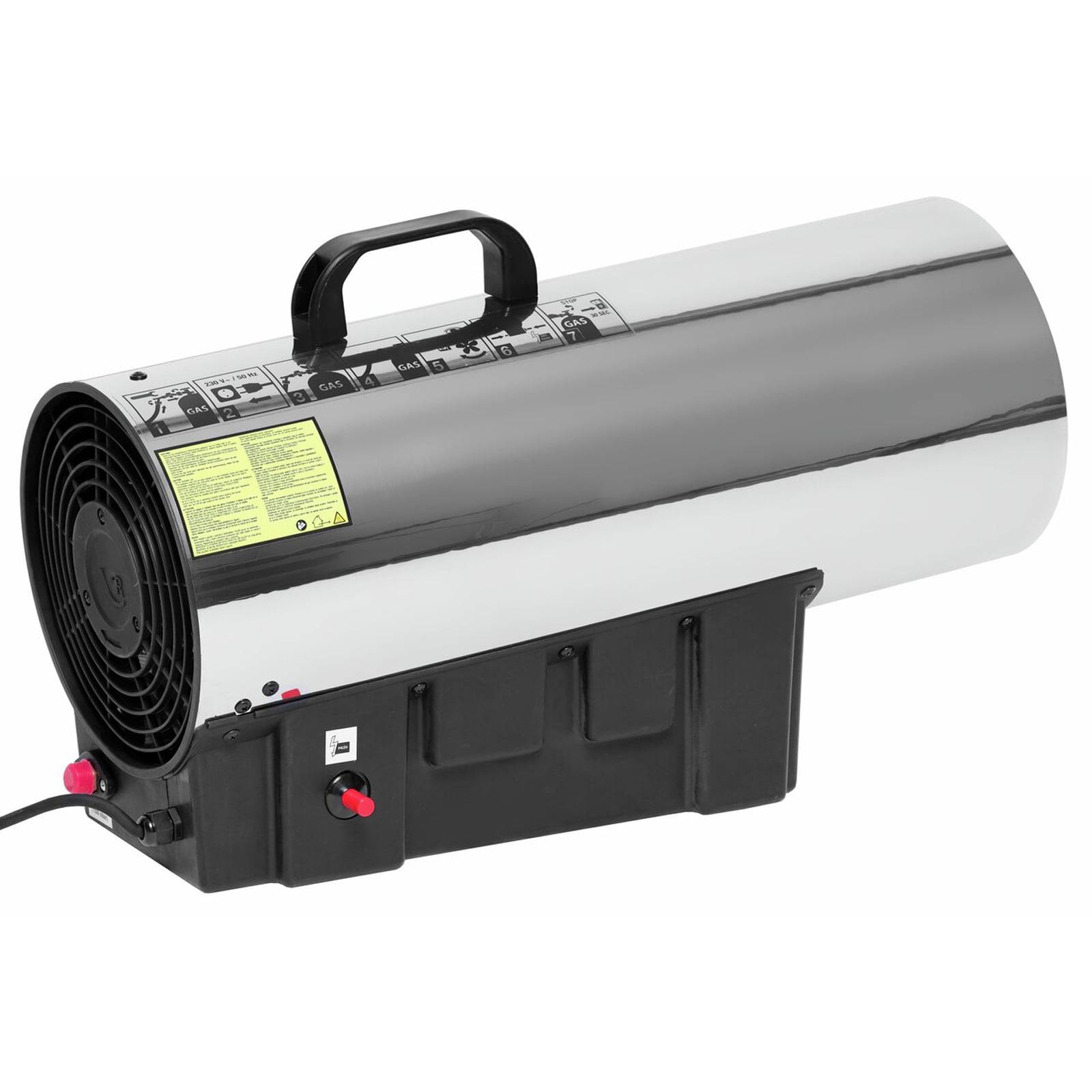 Ein tragbarer Industrieheizer mit einem zylindrischen Metallgehäuse und einem Griff oben. Er verfügt über einen Ventilator an einem Ende und Bedienknöpfe an der Seite.