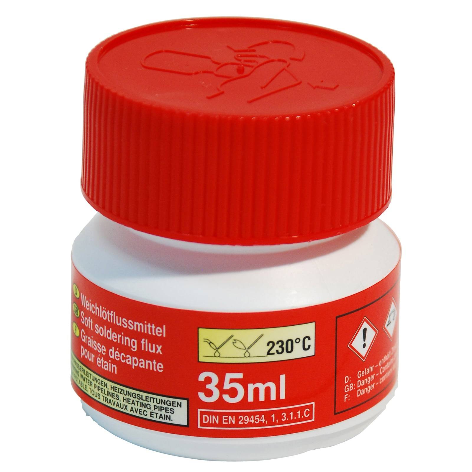 Ein kleiner Plastikbehälter mit einem roten Schraubdeckel, beschriftet mit '35ml Weichlötfluss, 230°C,' mit Gefahrensymbolen an der Seite.