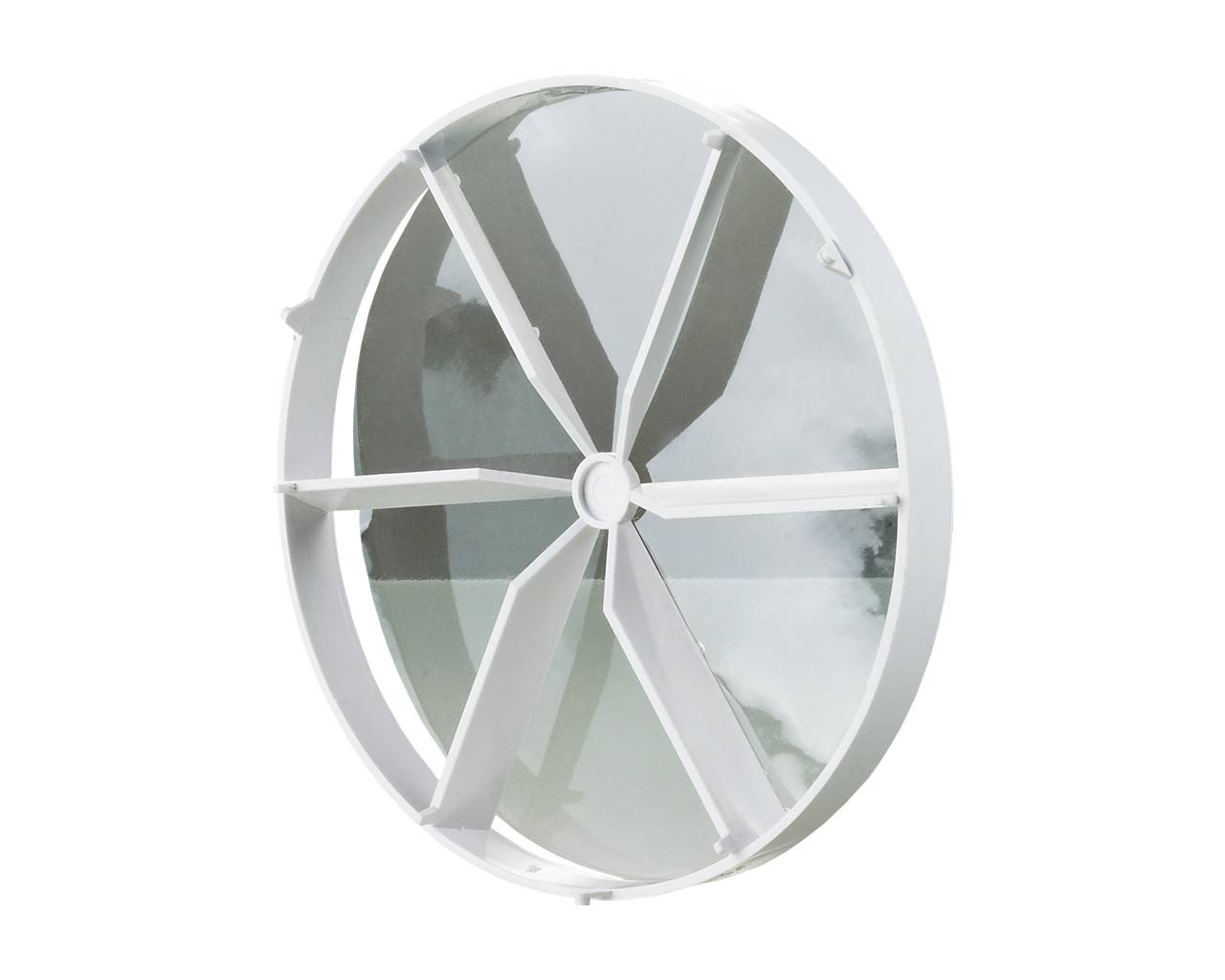 Ein kreisförmiger Lüftungsventilator mit weißem Rahmen und mehreren Schaufeln, von der Seite betrachtet, vor einem einfarbigen Hintergrund.