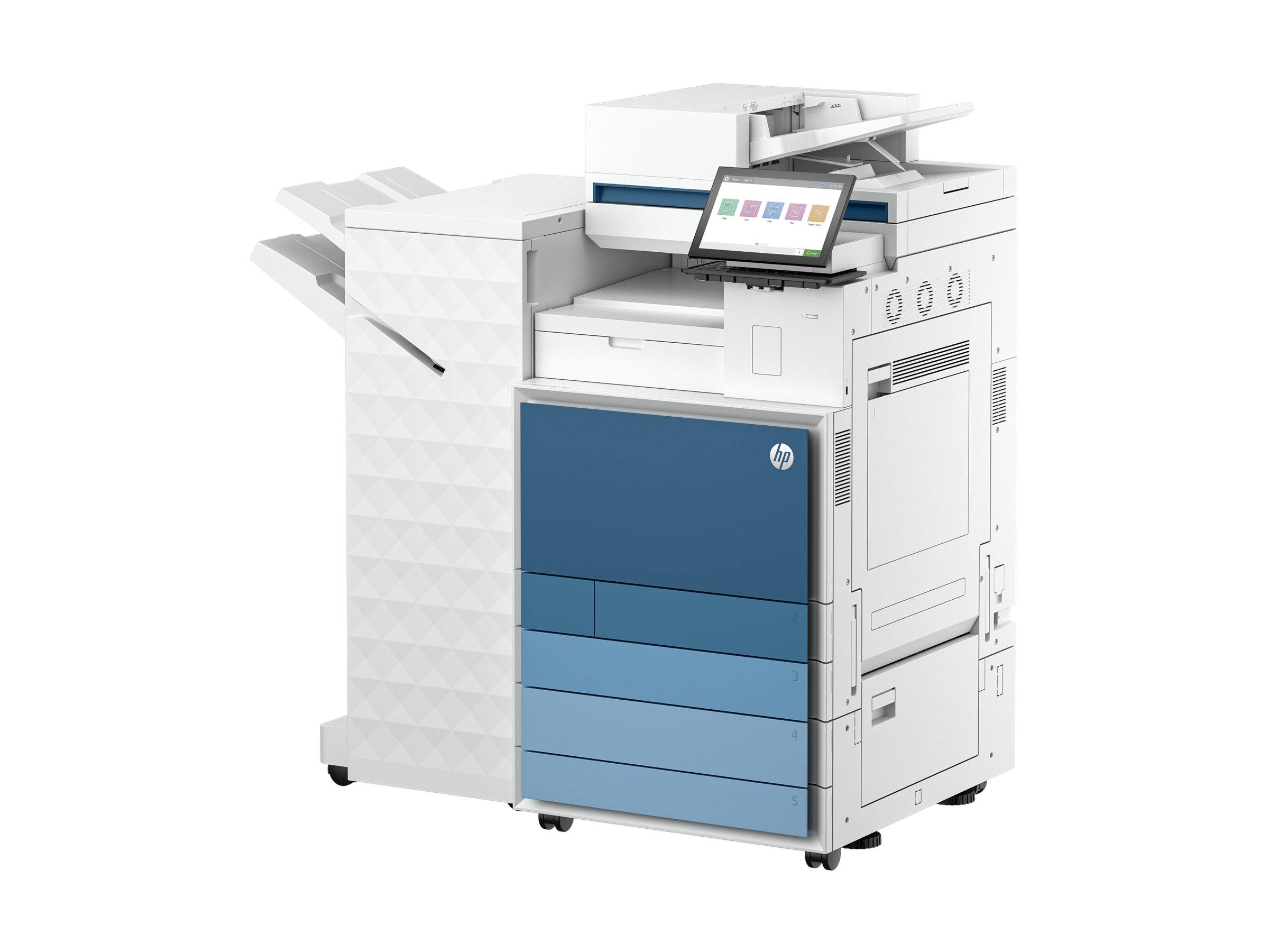 Ein Multifunktions-Bürodrucker mit Touchscreen-Panel, ausgestattet mit Papierschächten und einem Ausgabebereich, der für Hochvolumen-Druckaufgaben konzipiert ist.
