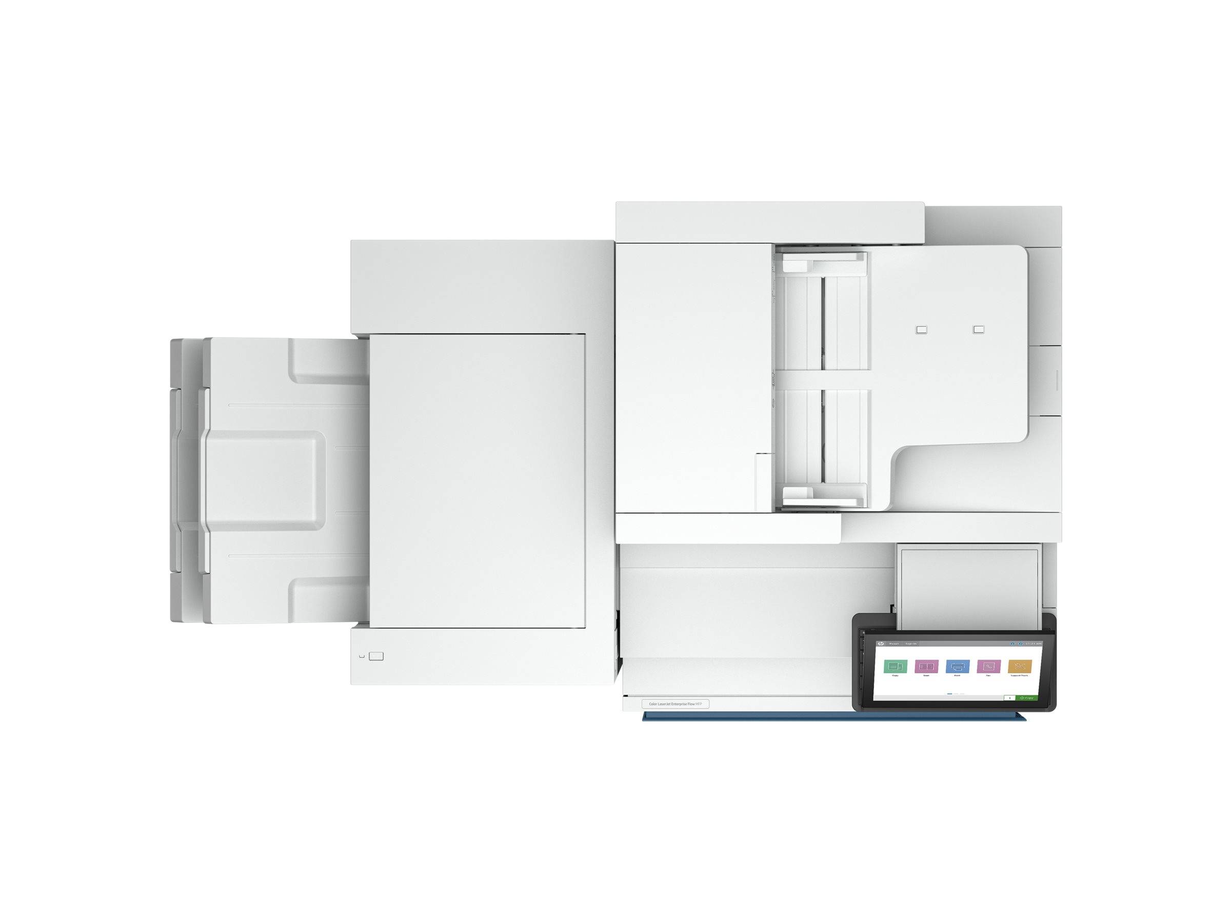 Draufsicht auf einen großen weißen Multifunktionsdrucker oder Kopierer mit Papierfächern und einem farbigen Touchscreen-Display auf der rechten Seite.