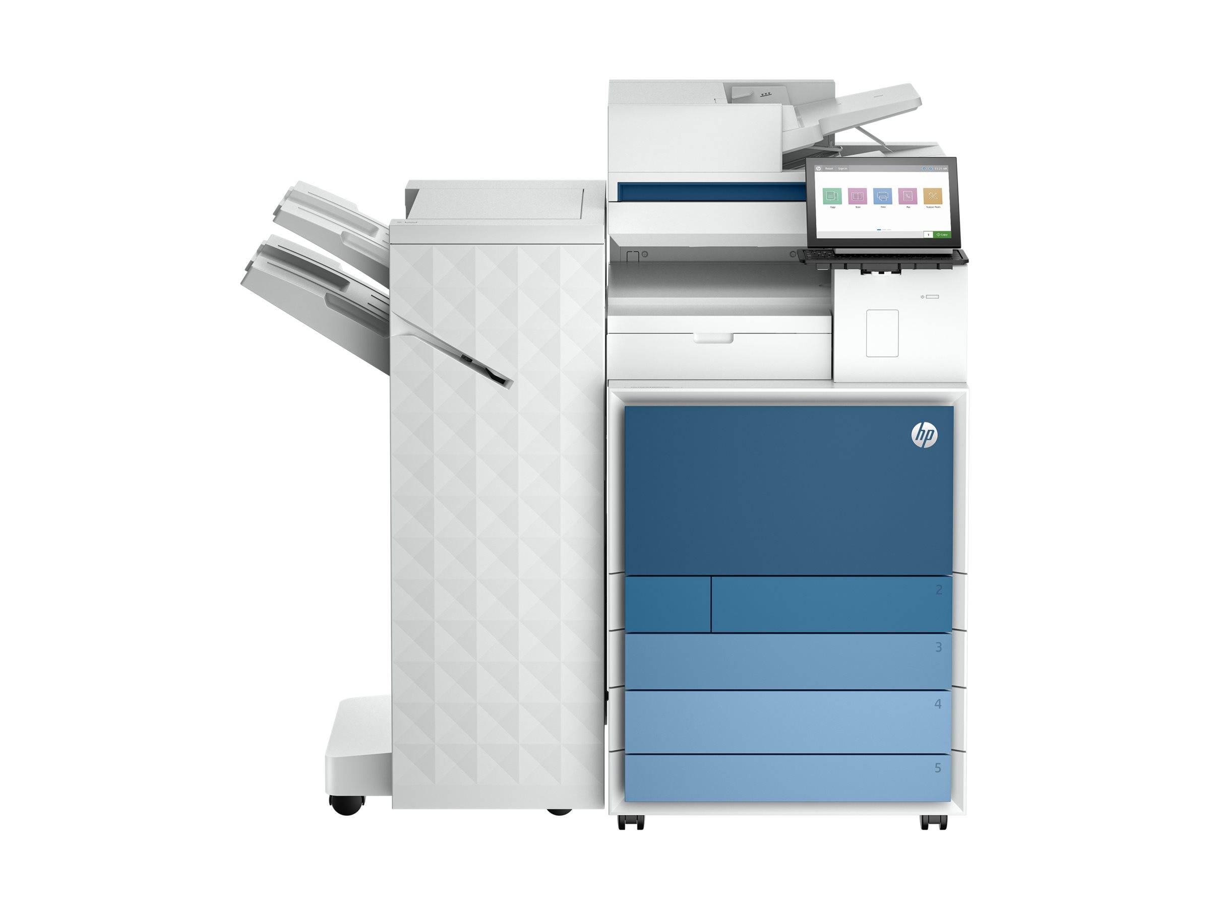 Großer HP Multifunktionsdrucker/Kopierer für das Büro mit blauen Papierfächern und Touchscreen-Bedienfeld, dargestellt vor weißem Hintergrund.