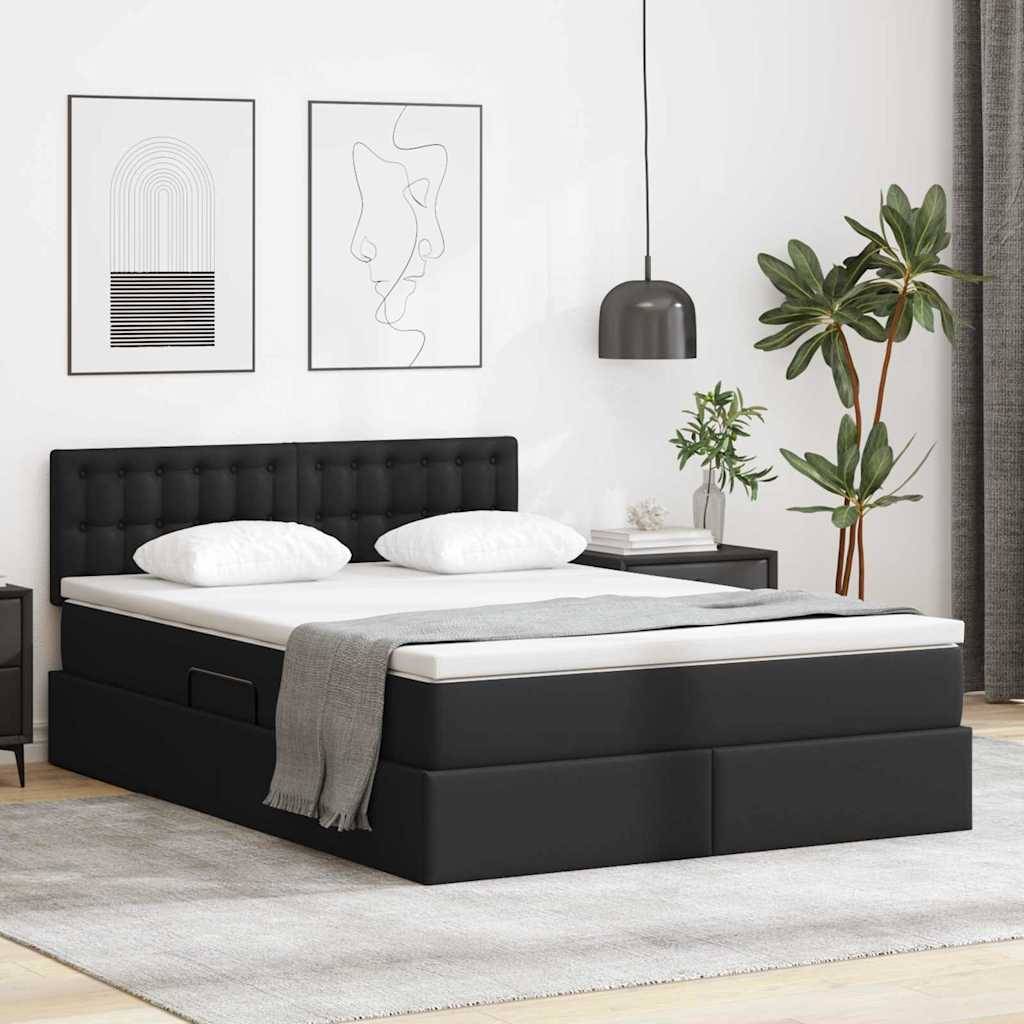 Ein modernes Schlafzimmer mit einem schwarzen Polsterbett, weißen Kissen und Decken. Kunst und eine Pflanze dekorieren den Raum.