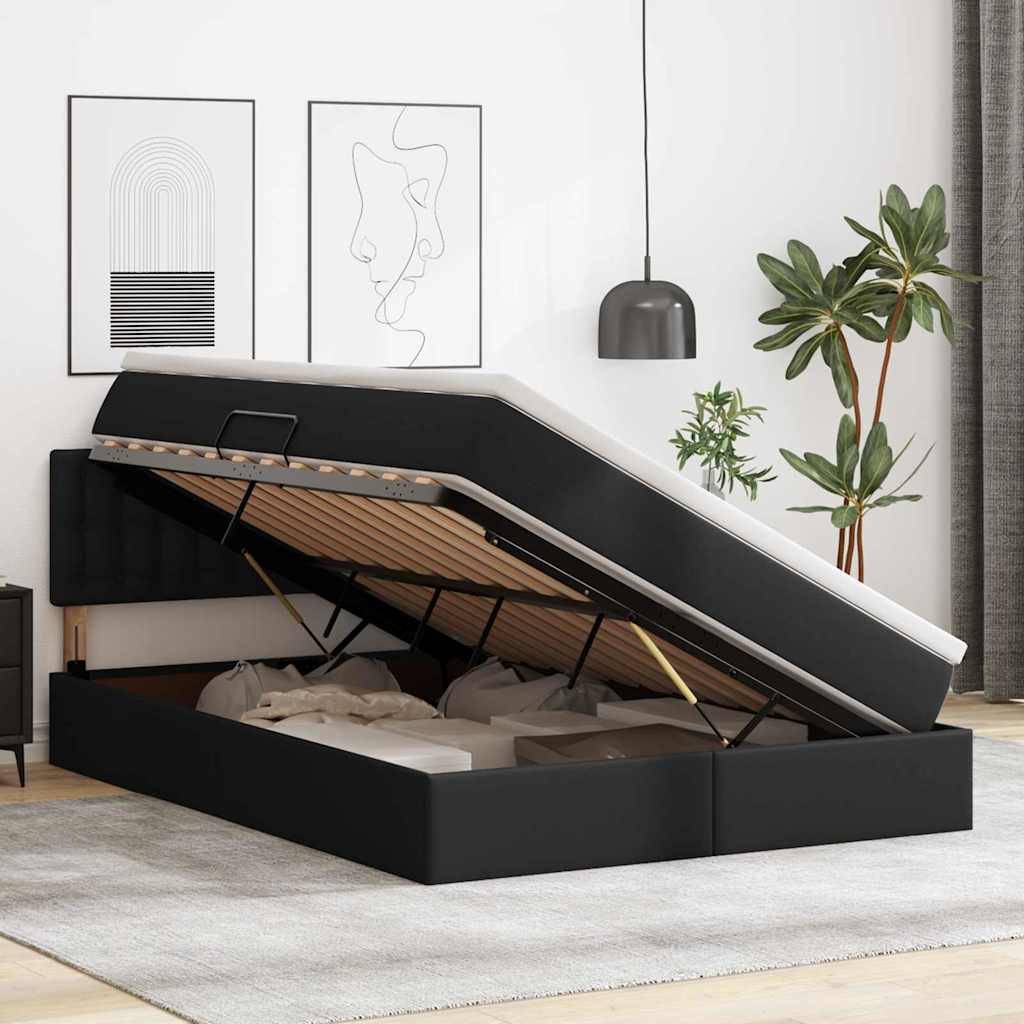 Ein modernes Schlafzimmer mit einem Bett, das einen offenen Stauraum unter der Matratze aufweist. Pflanzen und minimalistische Kunst schmücken den Raum.
