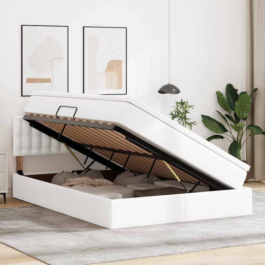 Ein weißes Speicherbett mit geöffnetem Fach, das Platz zum Verstauen von Gegenständen zeigt. Es befindet sich in einem modernen Schlafzimmer mit abstrakten Wandgemälden und Pflanzen.