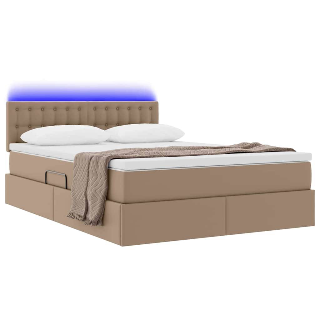 Ein modernes Plattformbett in Beige mit gestepptem Kopfteil, blauer LED-Beleuchtung und ordentlich arrangierter weißer Bettwäsche sowie einer braunen Wurfdecke.