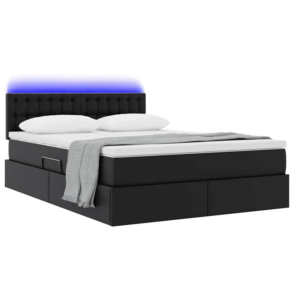 Ein modernes schwarzes Plattformbett mit weißer Bettwäsche und einer grauen Wurfdecke, mit einem gesteppten Kopfteil mit subtiler blauer LED-Lichtakzentuierung.