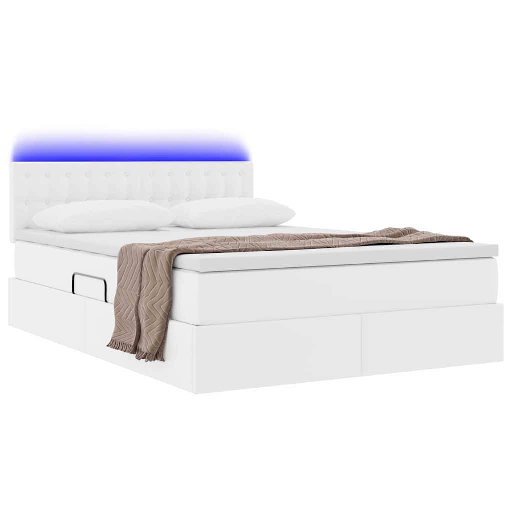Ein modernes weißes Bett mit gestepptem Kopfteil mit blauem LED-Lichtstreifen. Das Bett hat weiße Kissen und eine braune gesteppte Wurfdecke.