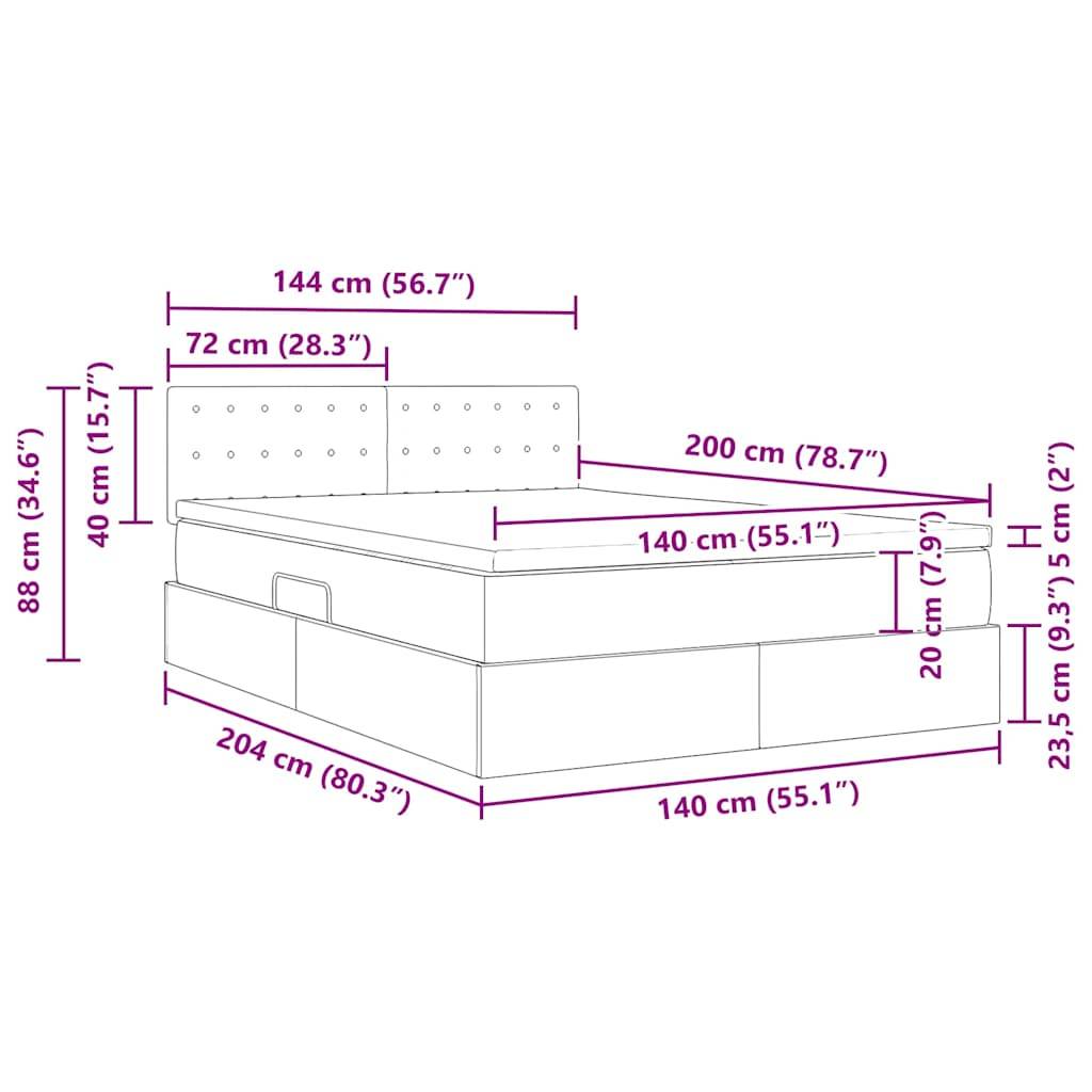 Darstellung eines Bettes mit Maßen: Breite 144 cm, Länge 204 cm, Höhe 88 cm. Matratzenmaße: 140 cm x 200 cm. Verschiedene weitere Messungen enthalten.