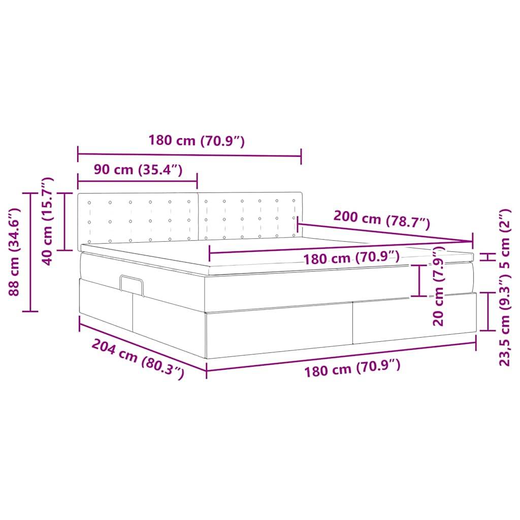 Bettmaße: Länge 204 cm, Breite 180 cm, Höhe des Kopfteils 88 cm, Höhe des Fußteils 23,5 cm und Tiefe 20 cm.