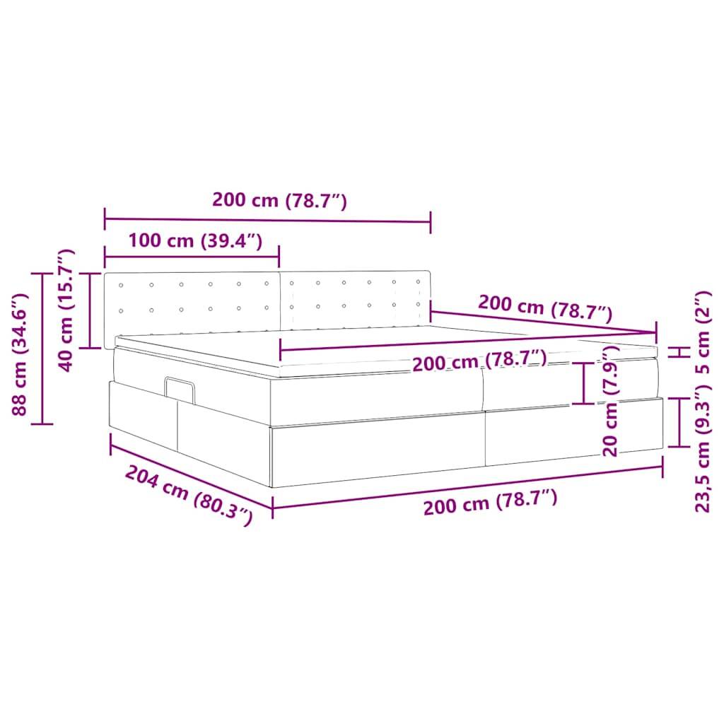 Diagramm eines Bettes mit beschrifteten Abmessungen. Breite: 200 cm (78,7