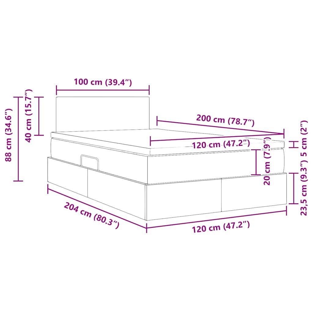 Diagramm eines Bettes mit Maßen: Höhe 88 cm, Breite 100 cm, Länge 204 cm, Kopfteil 40 cm. Matratze: 20 cm hoch, 120 cm breit.