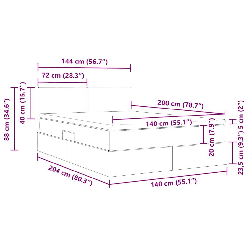 Eine Skizze eines Bettes mit Maßen: Breite 144 cm, Länge 200 cm, Höhe 88 cm. Seitenansicht: 204 cm lang, Stauraum 40 cm hoch.