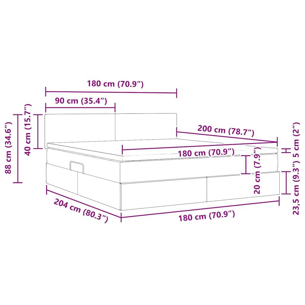 Illustration eines Bettes mit beschrifteten Abmessungen: Kopfteil 88 cm hoch, Bett 204 cm lang, 180 cm breit, verschiedene Höhen für Matratze und Schubladen.