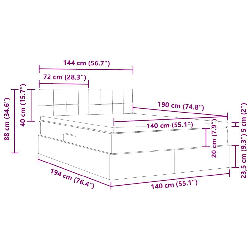 Bettabmessungen Illustration: Kopfbretthöhe 88 cm, Breite 144 cm; Bettlänge 194 cm, Breite 140 cm; verschiedene Höhen und Tiefen vermerkt.
